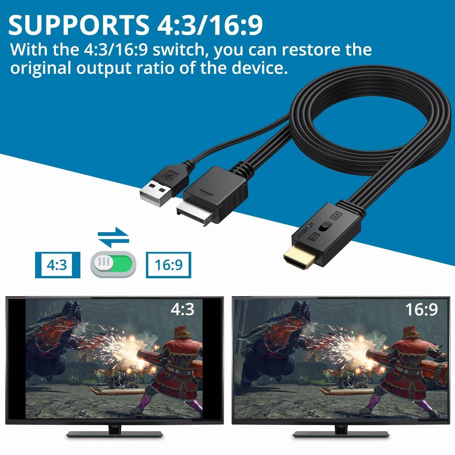 AUTOUTLET PS1 PS2 adapter HDMI, obsługuje konwersję 4:3/16:9, 1080P z interfejsem HDMI, Plug and Play, PS1 PS2 na monitor HDTV