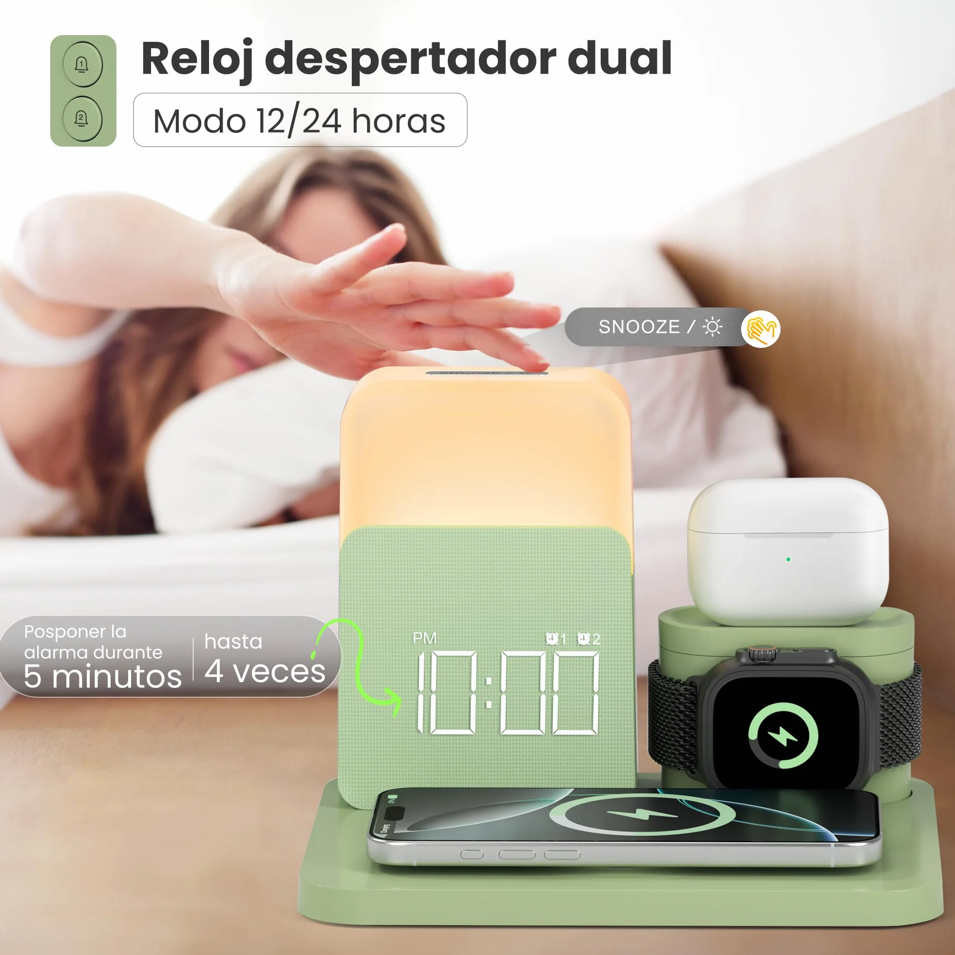COLSUR Stacja ładująca 3 w 1 do Apple Watch iPhone Airpods, 15 W, szybka bezprzewodowa ładowarka do iPhone 17/16/15/14/13, lampka nocna z funkcją ładowania, budzik ze stacją ładującą, akcesoria do