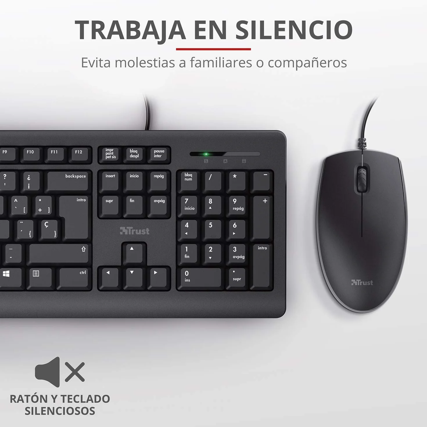 Trust Klawiatura i mysz z kablem – hiszpański układ QWERTY, kabel o długości 1,8 m, port USB, szczelna klawiatura, Windows, Mac, PC, laptop, czarna