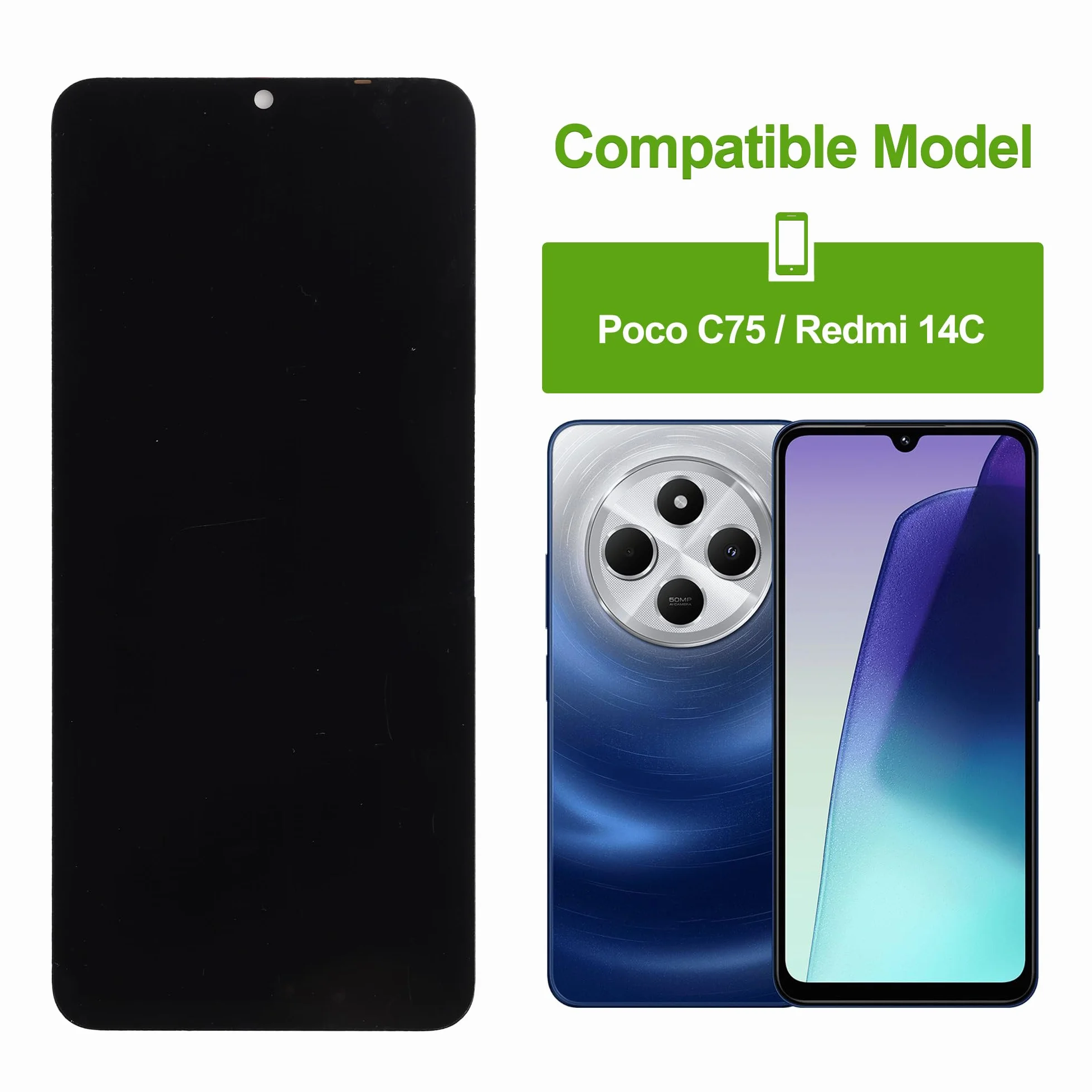 Zamiennik wyświetlacza cyfrowego LCD, kompatybilny z Xiaomi Poco C75 / Redmi 14C (czarny z ramką), wyświetlacz LCD, ekran dotykowy, montaż z narzędziem do naprawy 6,88"