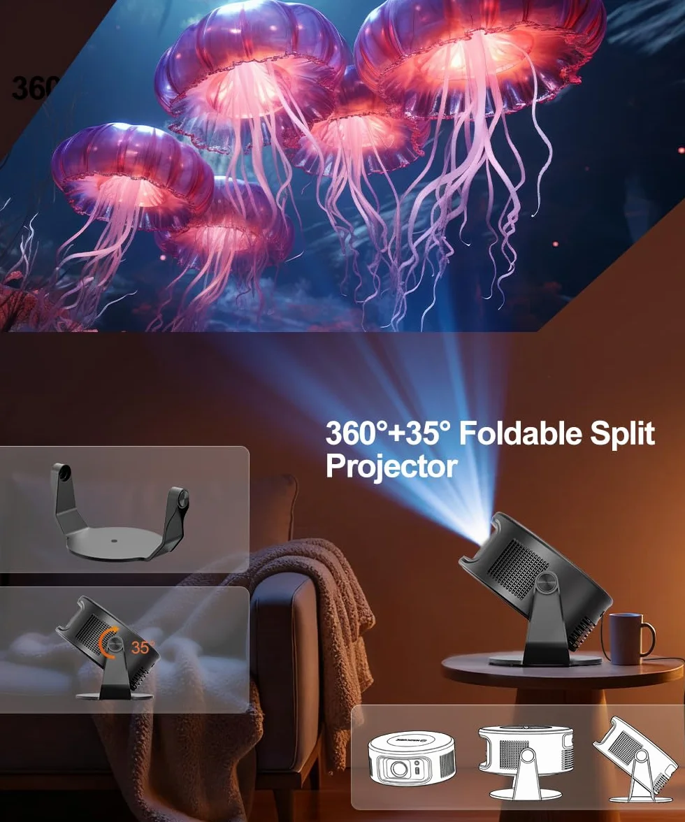 Magcubic Mini projektor 4K, 360°+35°, składany projektor dzielony, 260 ANSI Wi-Fi 6 i Bluetooth 5.4, automatyczna korekcja trapezu i ręczna regulacja ostrości do kina domowego