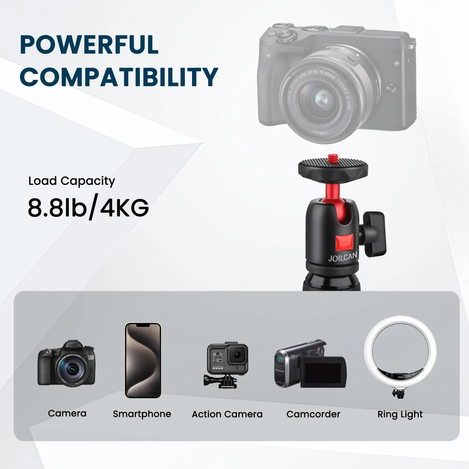 JOILCAN Mini do aparatu, przenośny biurkowy z stopa aluminiowego, regulowana głowica kulowa 360°, ręczny do iPhone'a, Canon G7X Mark i Sony, obciążenie 4 kg