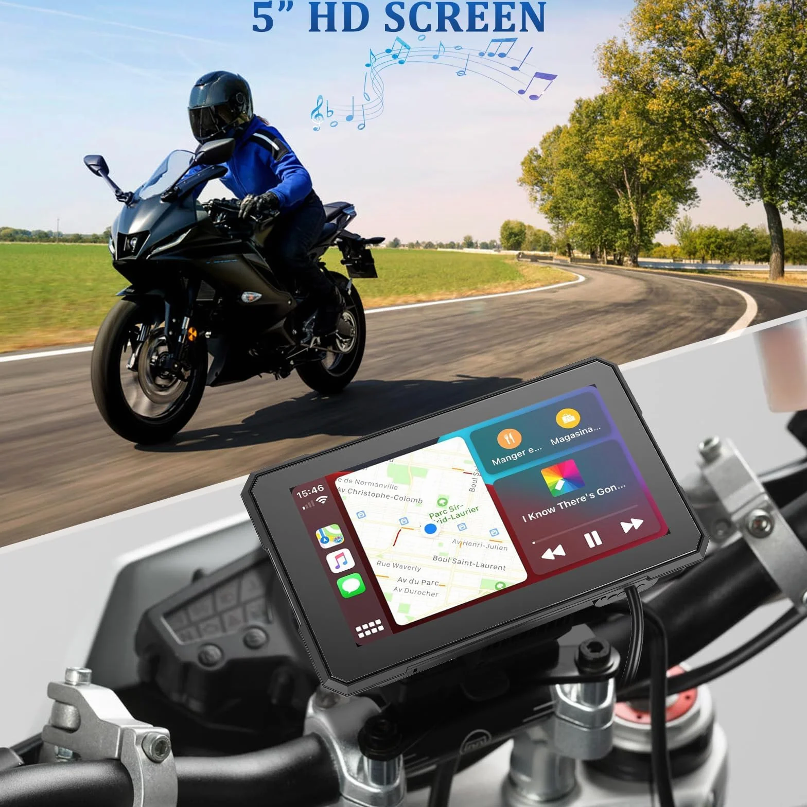 5-calowy wyświetlacz Motorfiets Carplay z bezprzewodowym CarPlay i Android Auto, wodoodporny IP67, 0z obsługą monitorowania ciśnienia w oponach, nawigacji GPS i sterowania głosowego – Nadaje się do