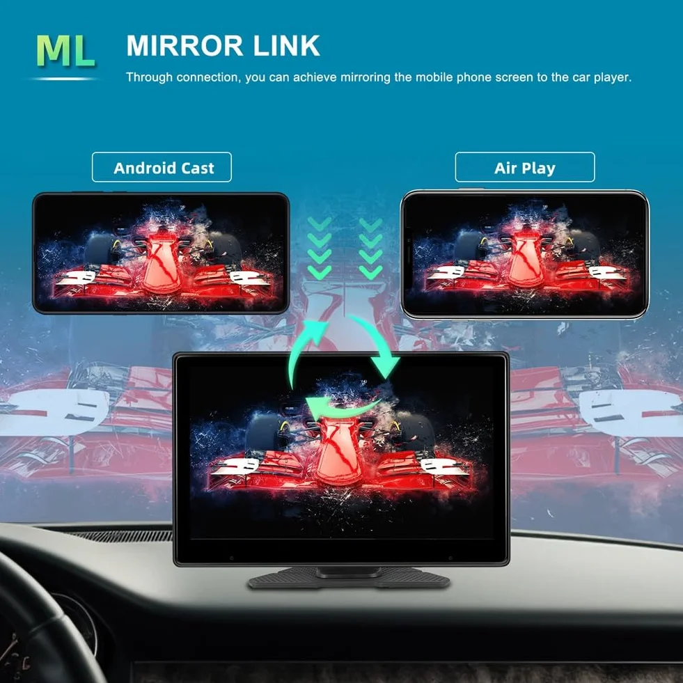Ekran dotykowy 10,1, bezprzewodowy Carplay i Android Auto, akcesoria zamienne, przenośny samochodowy odtwarzacz multimedialny, kamera 4K DVR z kamerą