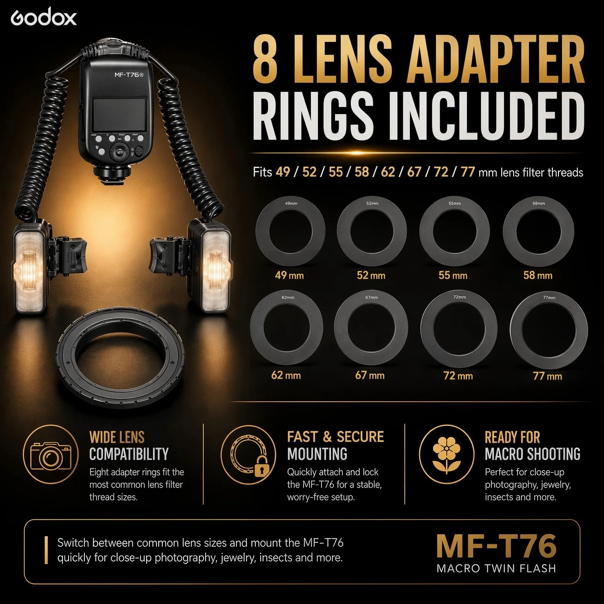 Godox MF-T76N TTL makro podwójna lampa błyskowa do Nikon, 76 W GN22,4 Twin Flash z regulowanymi podwójnymi głowicami, recykling 1,2 s, HSS, do fotografii makro, biżuterii, owadów i fotografii