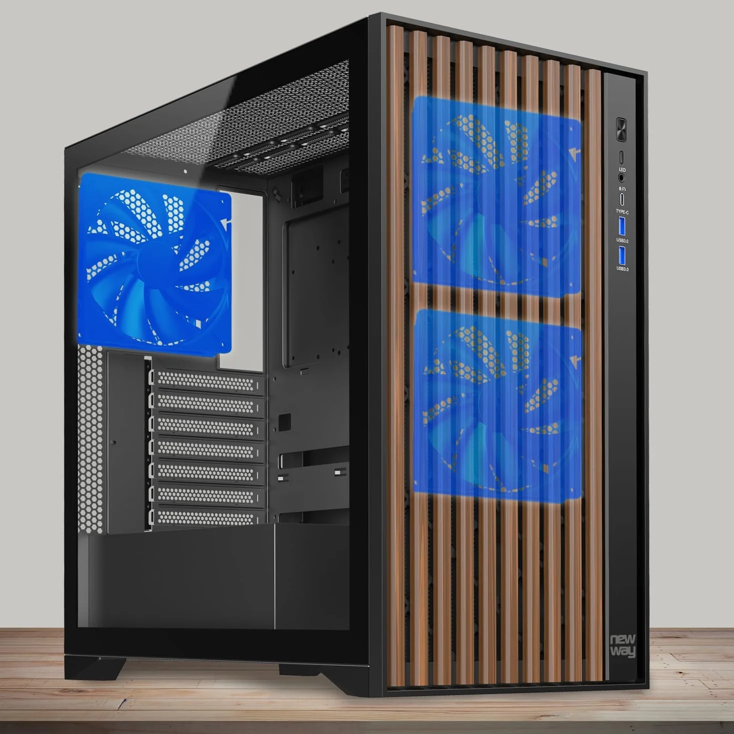 NEWWAY - 2024 Nowość - Obudowa komputera NW1 drewniana przednia - Medium Tour Kompatybilny z ATX/Micro-ATX/ITX - Typ C USB - Wentylatory w zestawie 3x140MM - Panel boczny Szkło hartowane