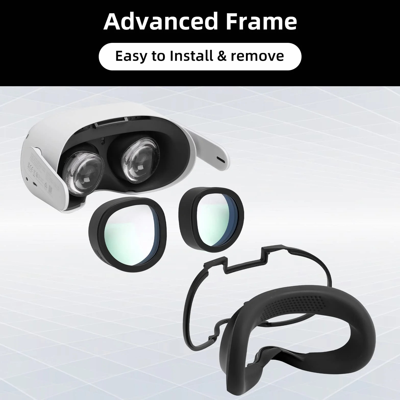 Okulary VR z niebieskim światłem, osłona obiektywu, kompatybilne z akcesoriami Quest 2, merryhome Design, podkładka dystansowa do okularów, wymiana soczewek, antyodblaskowa, przeciwpyłowa, łatwa w