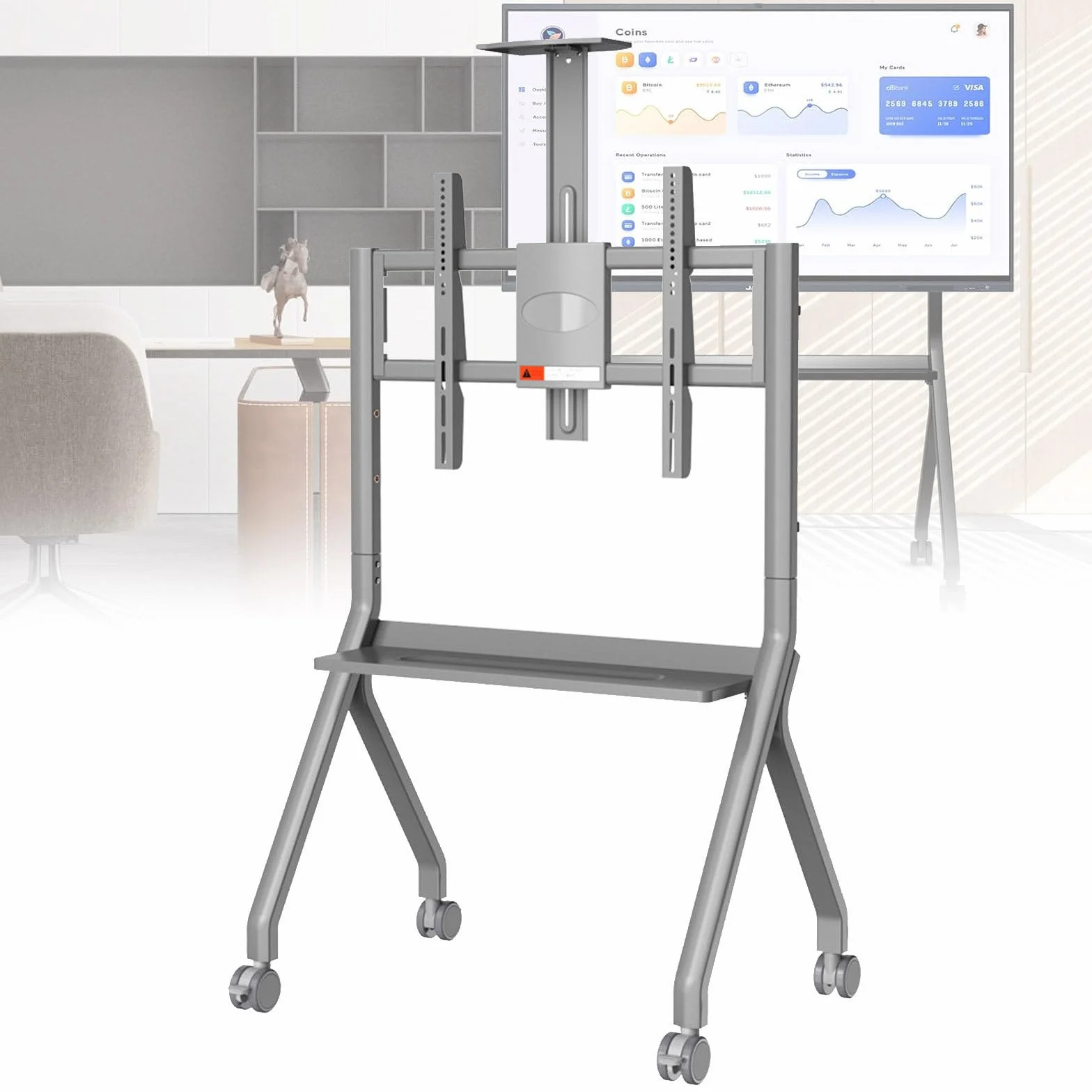Przenośny, składany metalowy uchwyt do tablicy interaktywnej, stojak pod telewizor z czterema blokowanymi kółkami do biura, sali lekcyjnej, domu, szary - FD580 (Grey FD580)