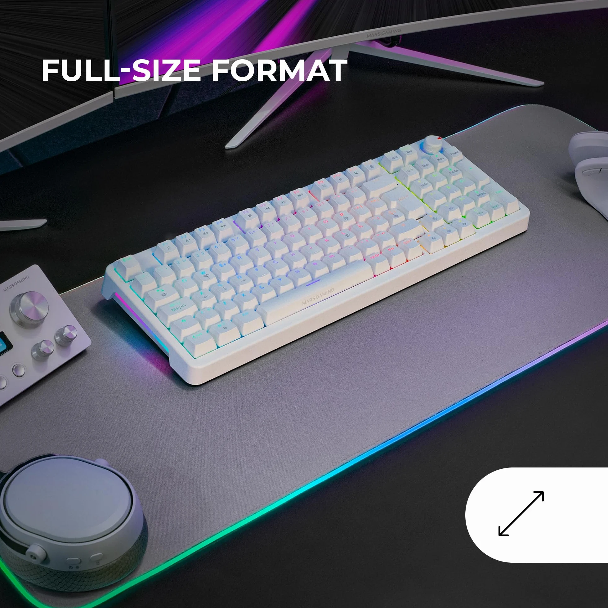 MARS GAMING MKPRO, Pełnowymiarowa Mechaniczna Klawiatura Gaming, RGB Chroma, Switches Mechaniczne Hot-Swap, Antighosting, Pokrętło Sterujące, Wieloplatformowa, Silent Switch, Hiszpański, Biały