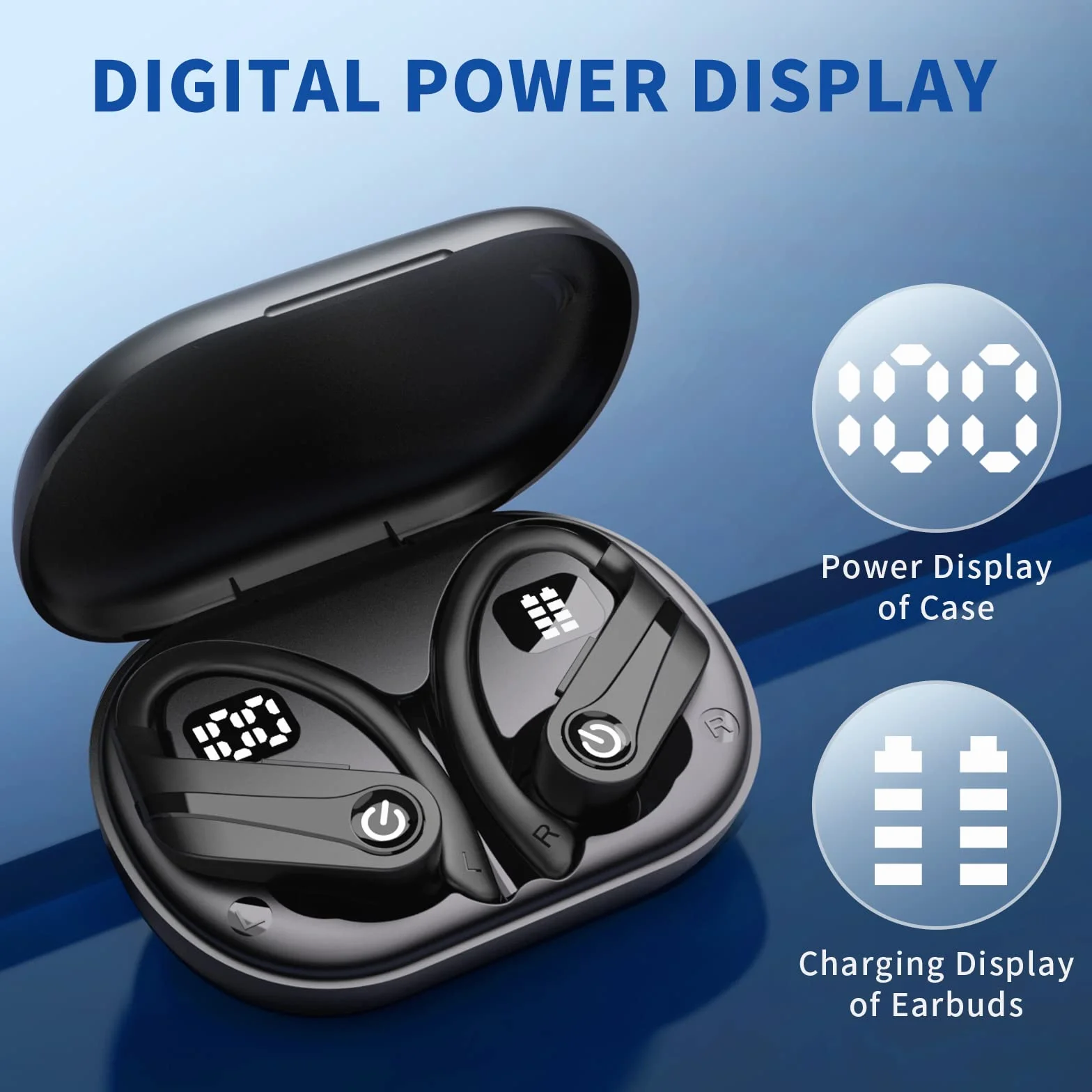 Bezprzewodowe słuchawki douszne Bluetooth z mikrofonem, 72H bezprzewodowe słuchawki Bluetooth 5.3, sportowe słuchawki douszne z cyfrowym wyświetlaczem LED, wodoszczelne IPX7, słuchawki dokanałowe z