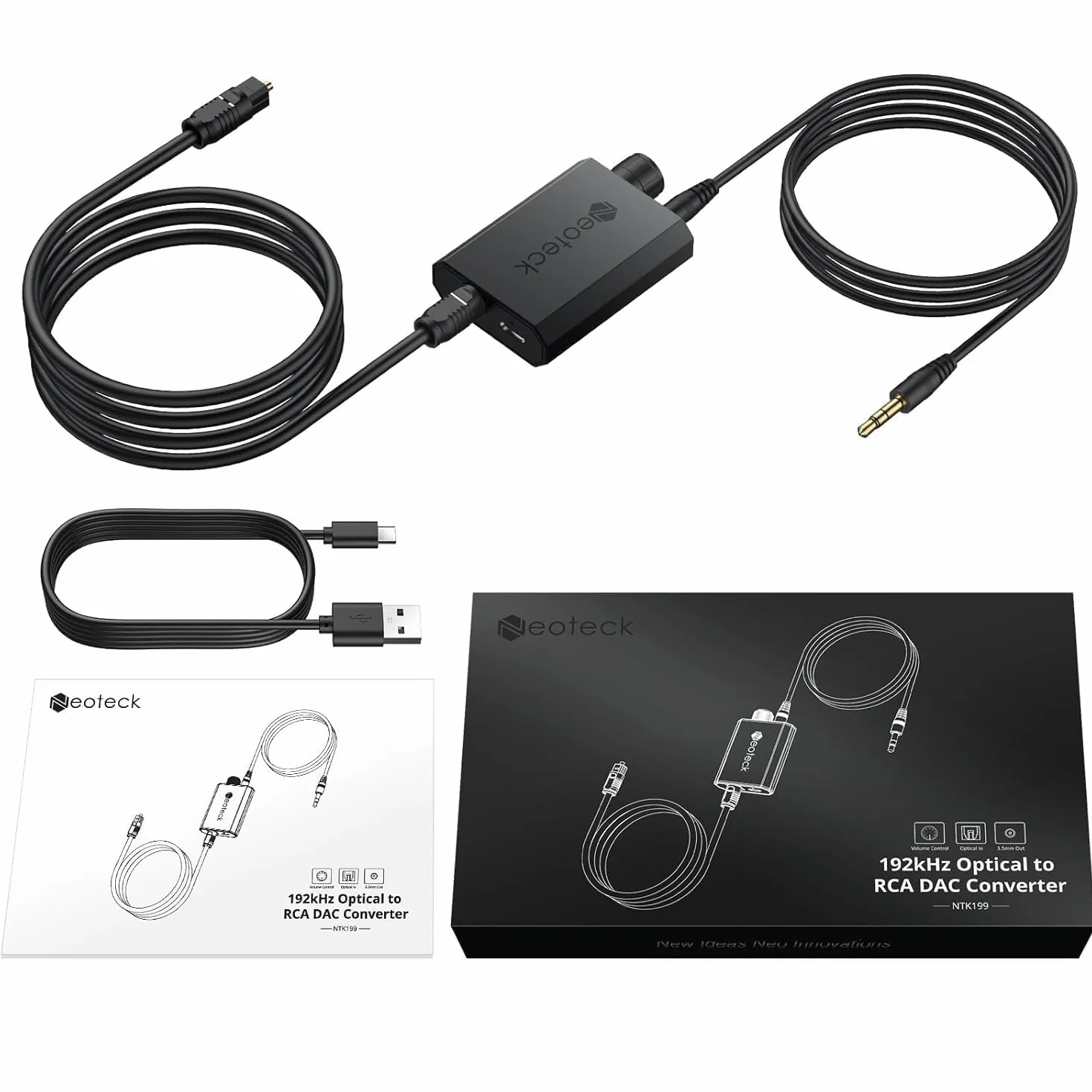 Neoteck Konwerter cyfrowy na analogowy 192 kHz z regulacją głośności, konwerter optyczny na 3,5 mm z wbudowanym chipsetem wzmacniacza, konwerter DAC, kompatybilny ze słuchawkami 3,5 mm, głośnikiem