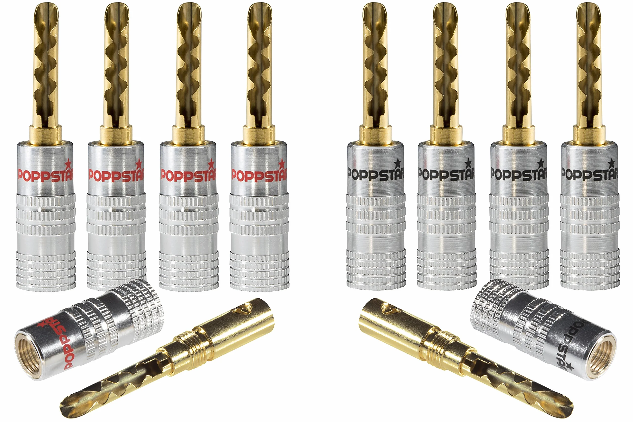 Poppstar 10 wydrążonych wtyków bananowych (do 6 mm², pozłacane styki 24k, 5 czarnych, 5 czerwonych)