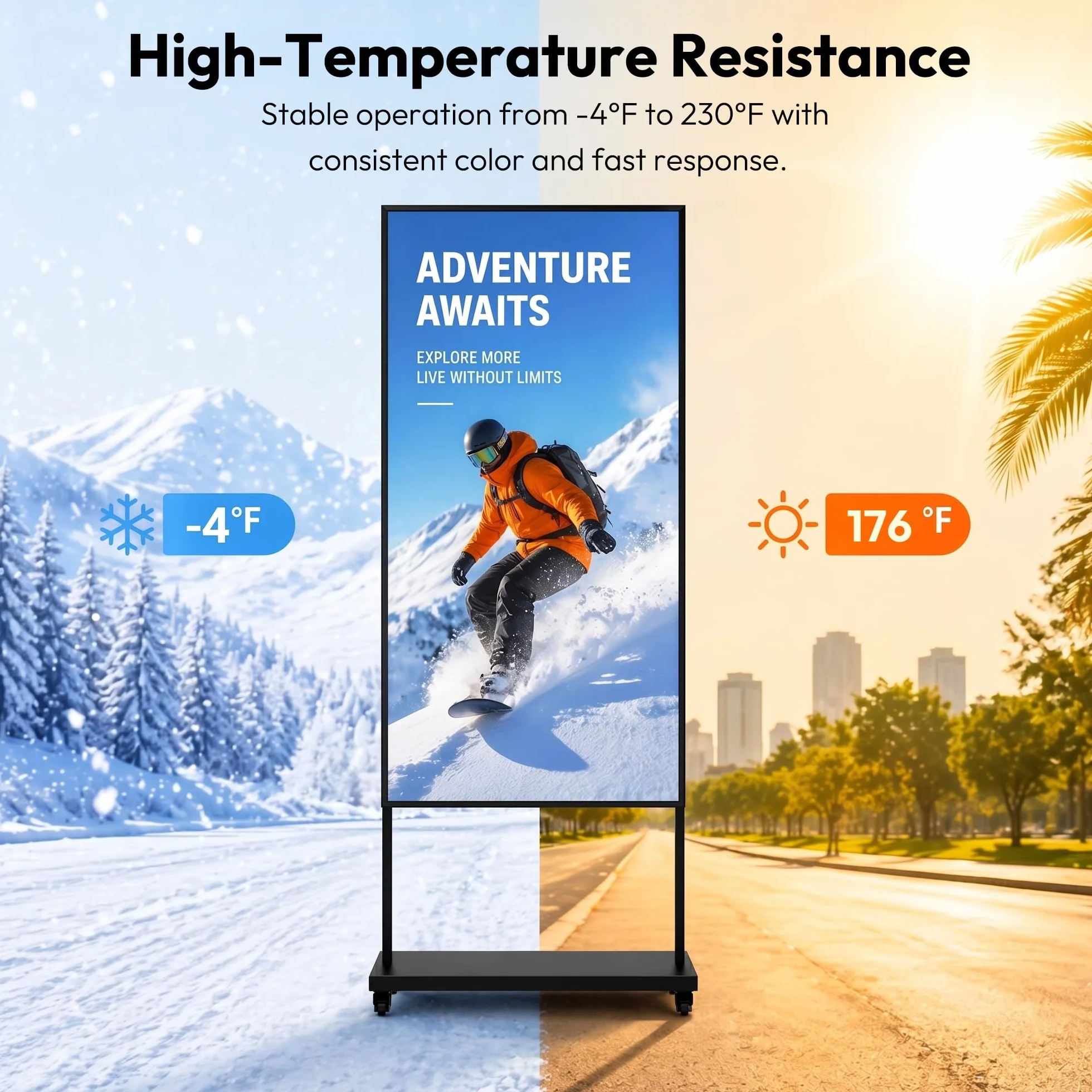 HARZHI 65" 4K UHD wyświetlacz LCD cyfrowy wyświetlacz reklamowy, 3000 Nit, wysoka jasność, chmura/aplikacja/zdalne sterowanie, HDMI/USB/WiFi, do postawienia / zawieszenia / montażu na ścianie do