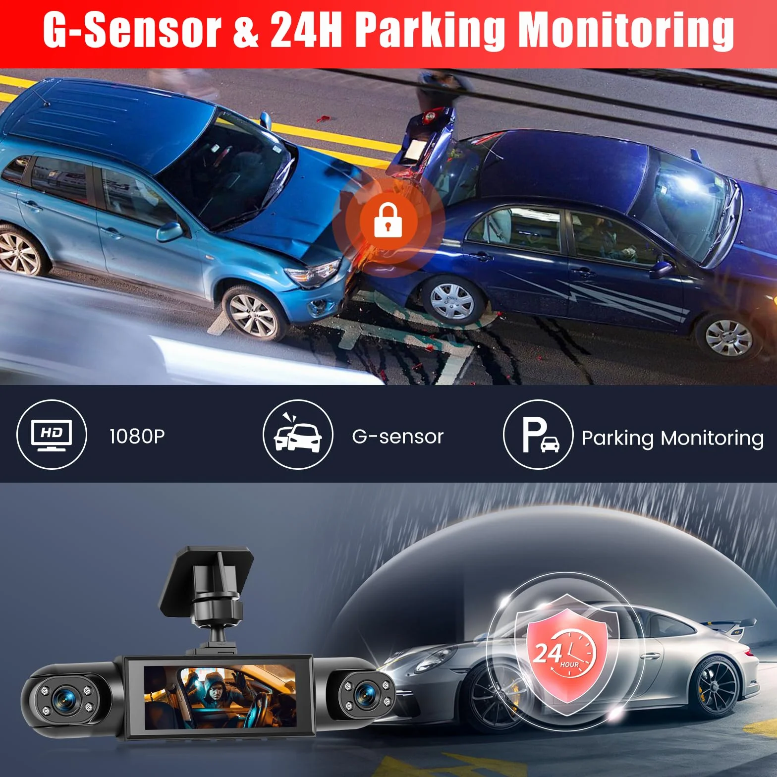 1080P Dash Cam 360 stopni 4 kanały, ekran 3,16 cala z 64 GB | Dashcam z kartą SD 64G, czujnik G, kamera cofania, tryb parkowania 24H, noktowizor, nagrywanie w pętli