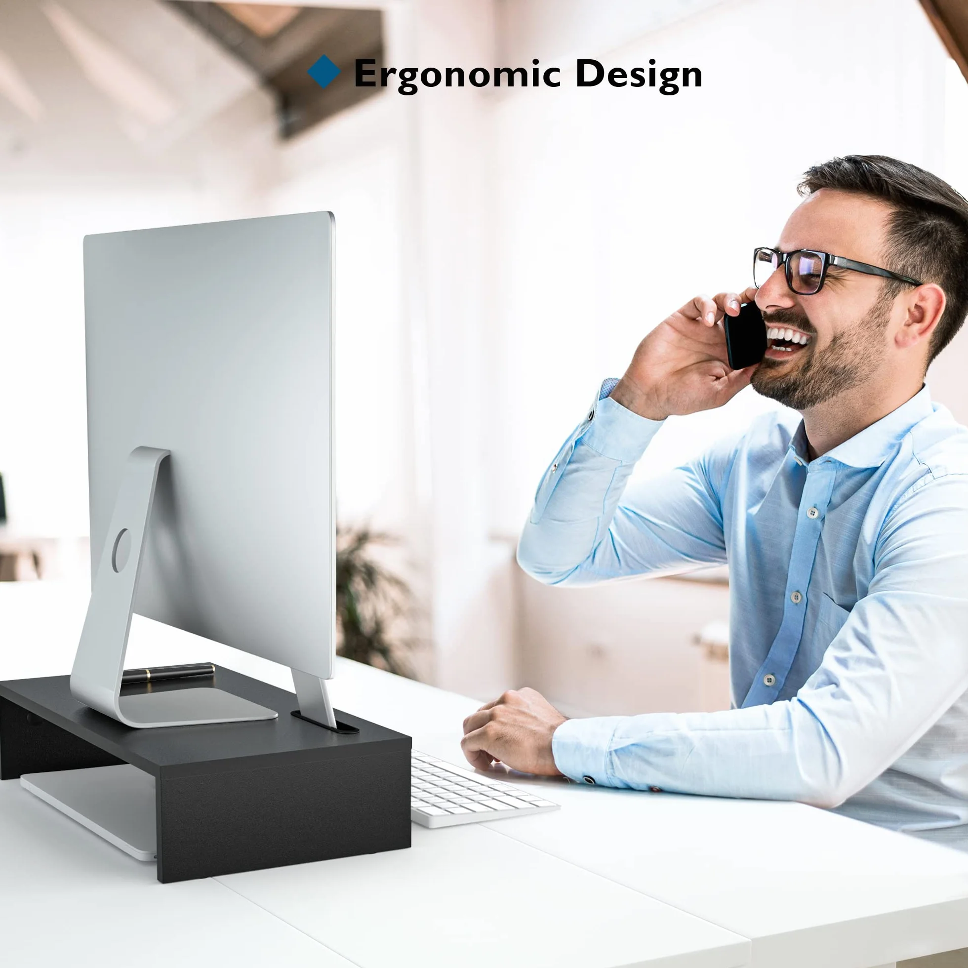 BONTEC Podstawka pod monitor, stojak na monitor, uchwyt na telefon, ergonomiczna podstawka pod drukarkę, pod laptopa z miejscami na kable, do komputerów, notebooków, iMaców, Pecetów, 42 cm, czarny