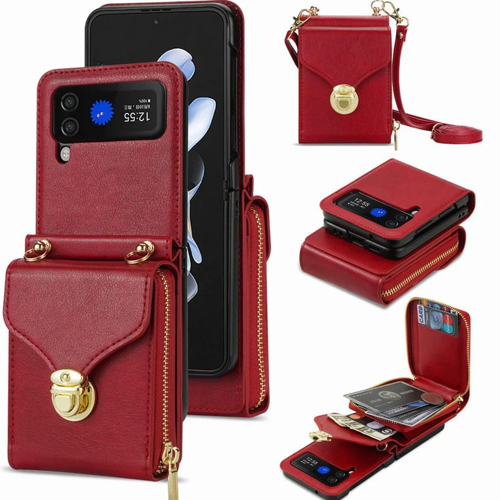 Etui na telefon ze skóry z zamkiem błyskawicznym i kieszenią na karty do Samsung Galaxy Z Flip 5 4 3 ze smyczą, etui z klapką, czerwone, do Z Flip 4