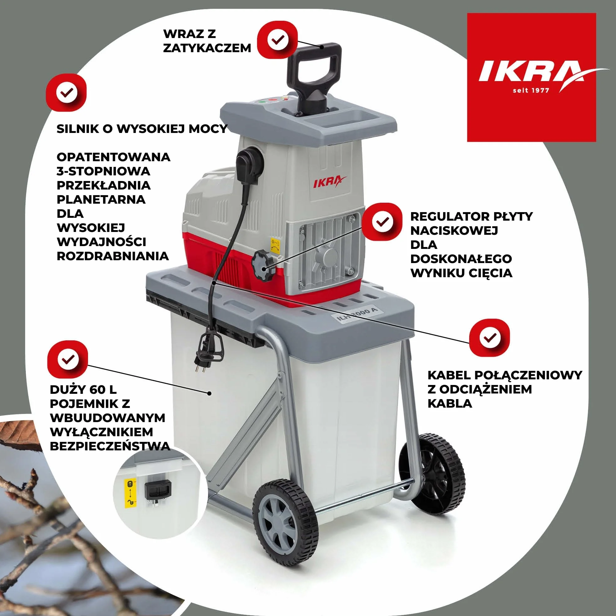 IKRA rozdrabniacz ogrodowy elektryczny ILH 3000 A 3000W 44mm