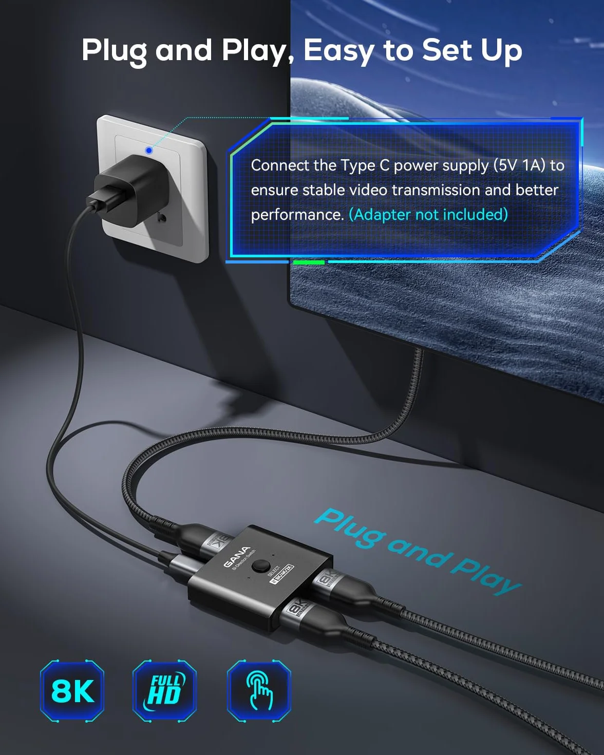 GANA Przełącznik HDMI 2.1, Ultra HD 8K dwukierunkowy rozdzielacz HDMI obsługuje 4K przy 120 Hz, 8K przy 60 Hz 【z kablem HDMI 4,9 FT】, aluminiowy selektor HDMI do PS5/PS4, Xbox, Roku, TV, Fire Stick