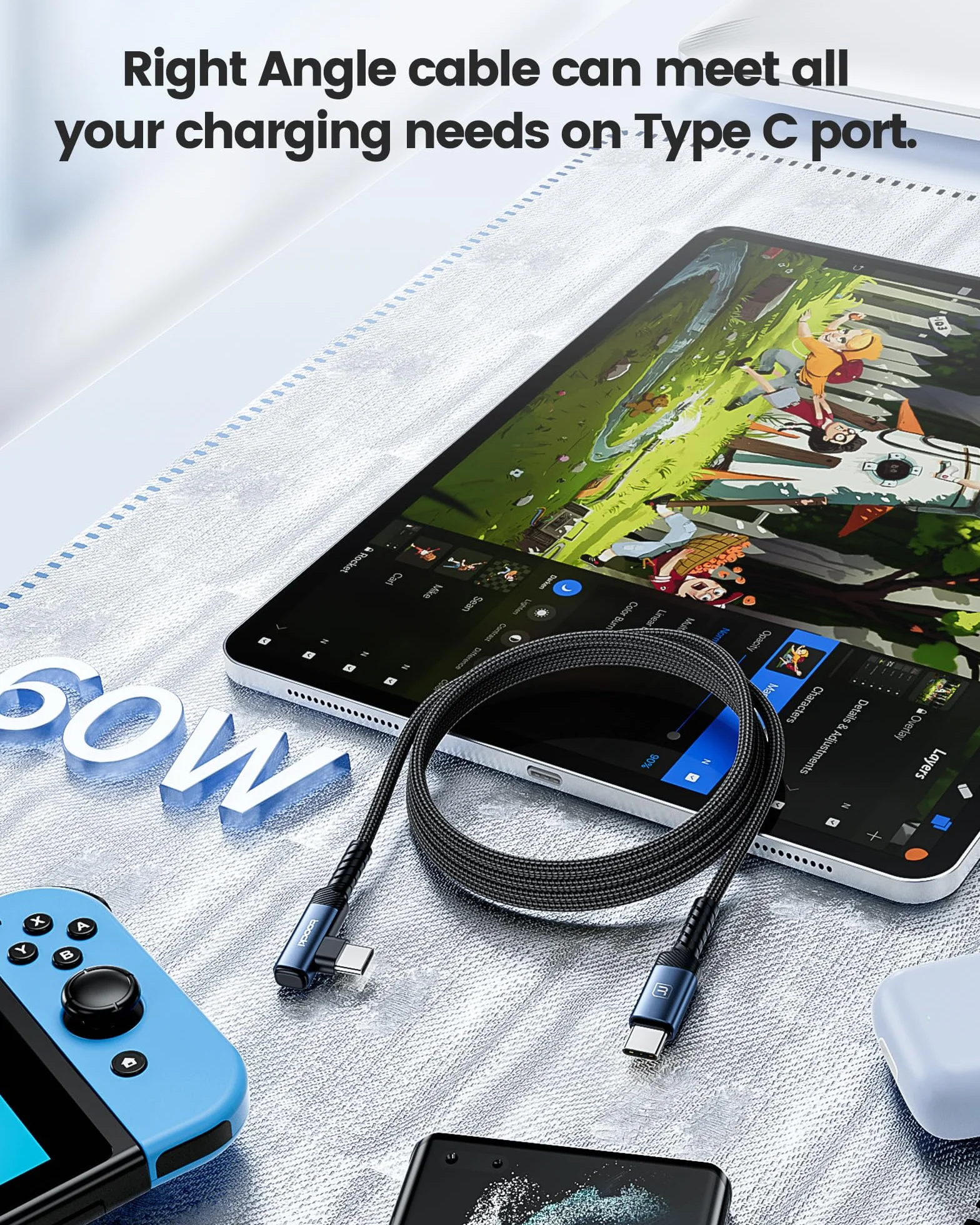 toocki Kabel USB C do USB C kątowy 60W, wytrzymały nylonowy pleciony kabel USB do ładowania, kompatybilny z iPhone 15 Plus Pro Max, MacBook Pro, iPad, Galaxy S24 Plus (2M+2M)
