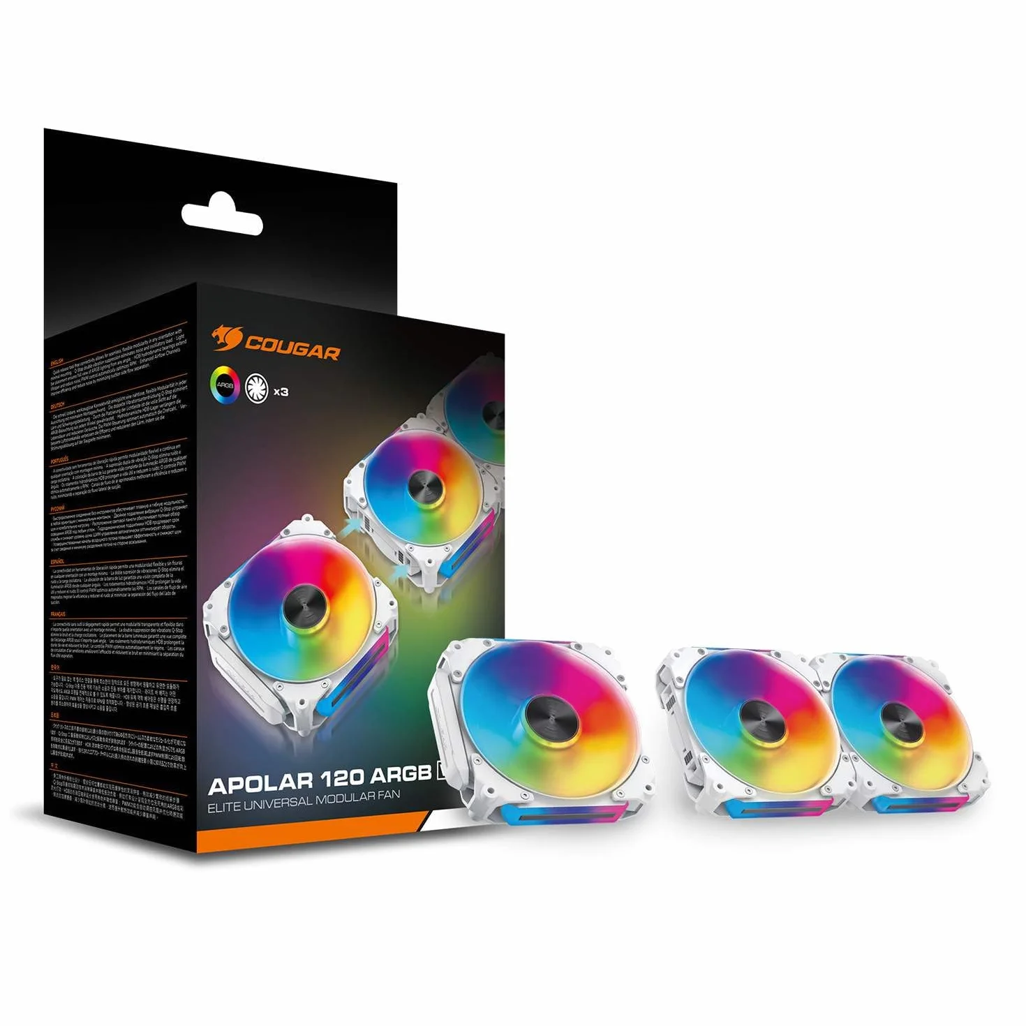 COUGAR GAMING | WENTYLATOR GAMING | KIT3APOLAR120RGBWH - Wentylatory do gier - biały, hydrodynamiczne łożyska i sterowanie PWM - System amortyzacji Q-Stop