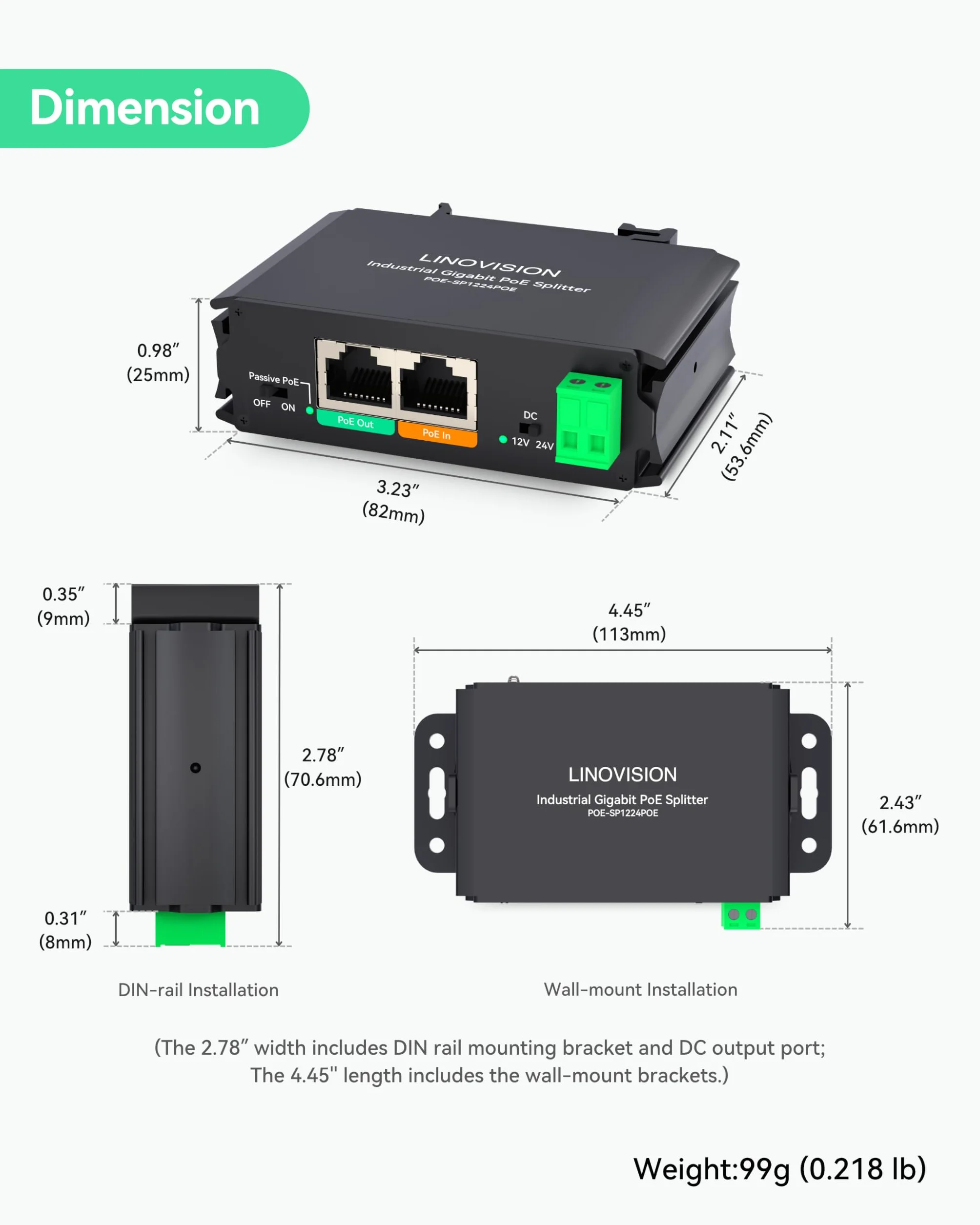 LINOVISION Przemysłowy Rozgałęźnik PoE Gigabit 30W z wyjściem DC 12V i pasywnym wyjściem PoE 12V, przeznaczony do kamer i systemów IoT