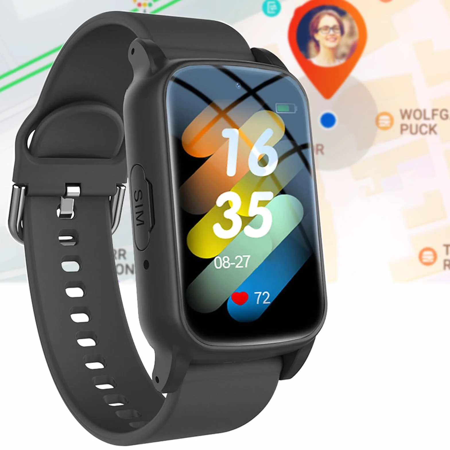 Inteligentny zegarek dla osób starszych z wykrywaniem upadków, urządzenia ostrzegające o upadkach dla osób starszych, zegarek z lokalizatorem GPS dla osób starszych z demencją,Black