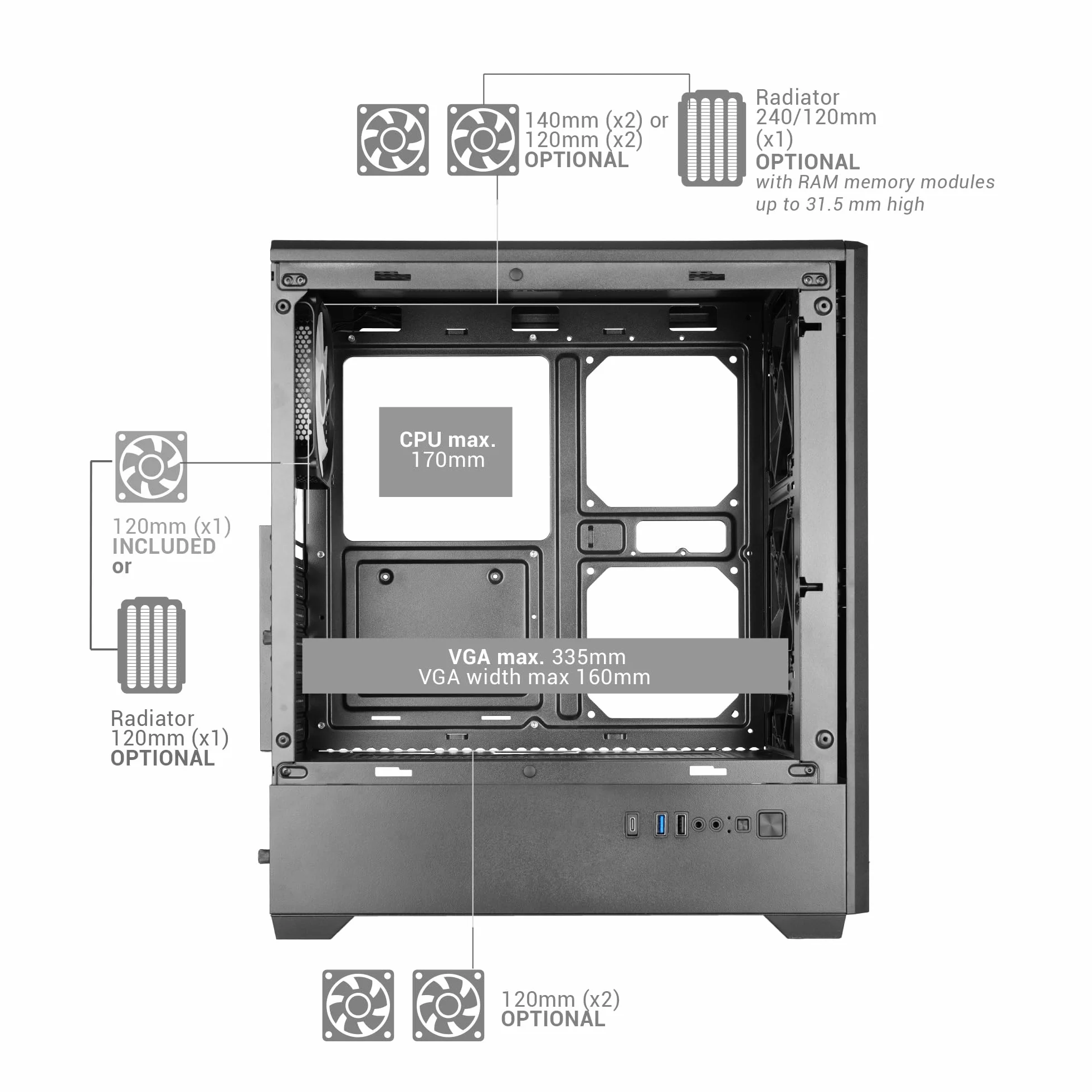 Mars Gaming MC-QUANTUM, Obudowa PC Gaming ATX, Przedni Mesh z paskiem LED ARGB, Pełne boczne szkło hartowane, 4x wentylatory FDB 120mm, Wsparcie chłodzenia cieczą do 240mm, USB-C, Czarny
