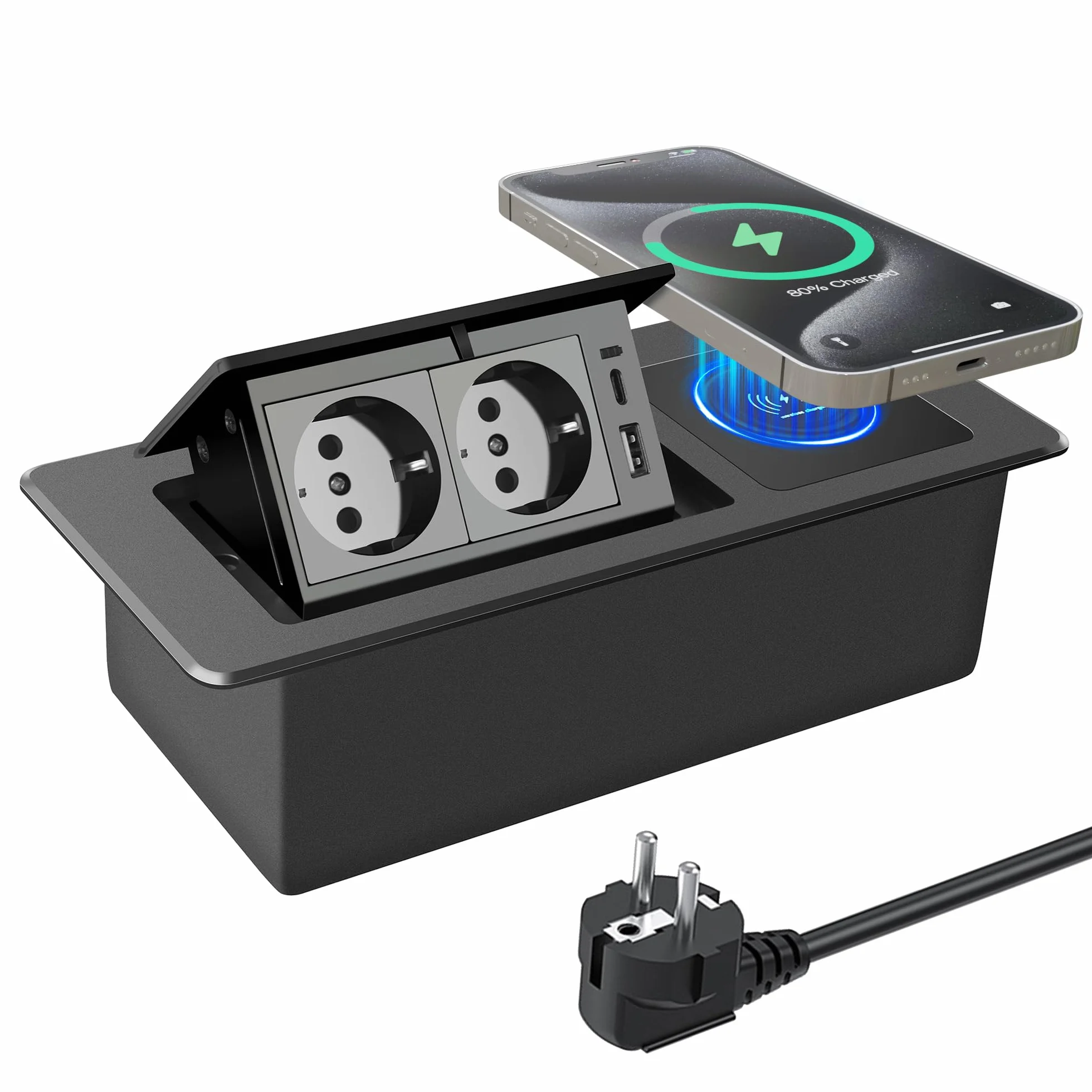Wysuwane gniazdko elektryczne, 2-krotne, PD20 W, szybkie ładowanie, USB C, z bezprzewodową ładowarką 15 W, do blatu roboczego, biurka