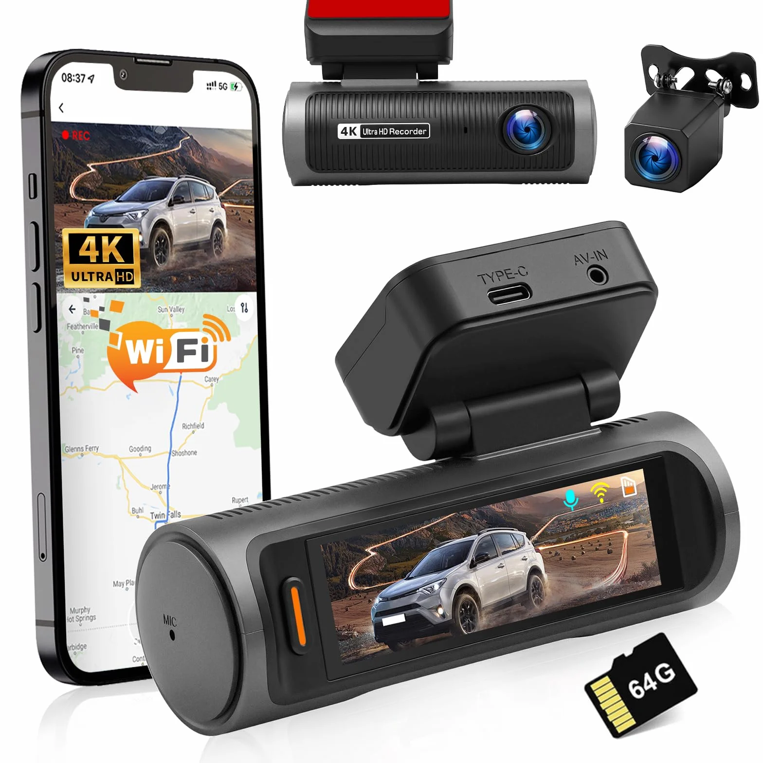 Kamera samochodowa 4K przód/tył, 2-kanałowy aparat samochodowy z kartą SD 64 GB, ekran dotykowy IPS 3,2", szeroki kąt, noktowizor, czujnik G, kamera Dash Cam WiFi z nagrywaniem w pętli