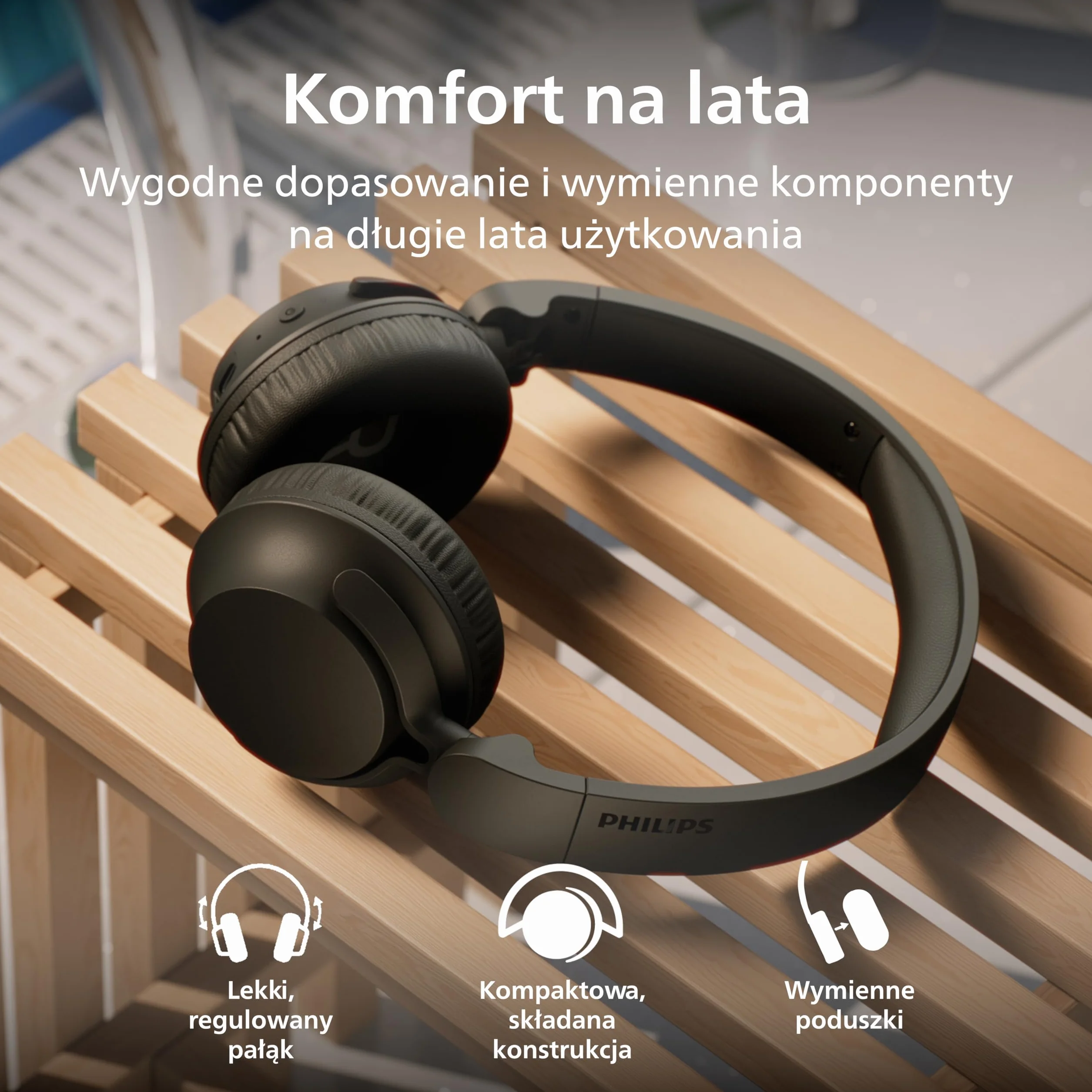Philips Bezprzewodowe słuchawki nauszne TAH4500BK z redukcją hałasu, 70 godzin odtwarzania, Dynamic Bass, przetworniki 32 mm, Bluetooth 6.0 Multipoint, wymienne poduszki i akumulator – czarne
