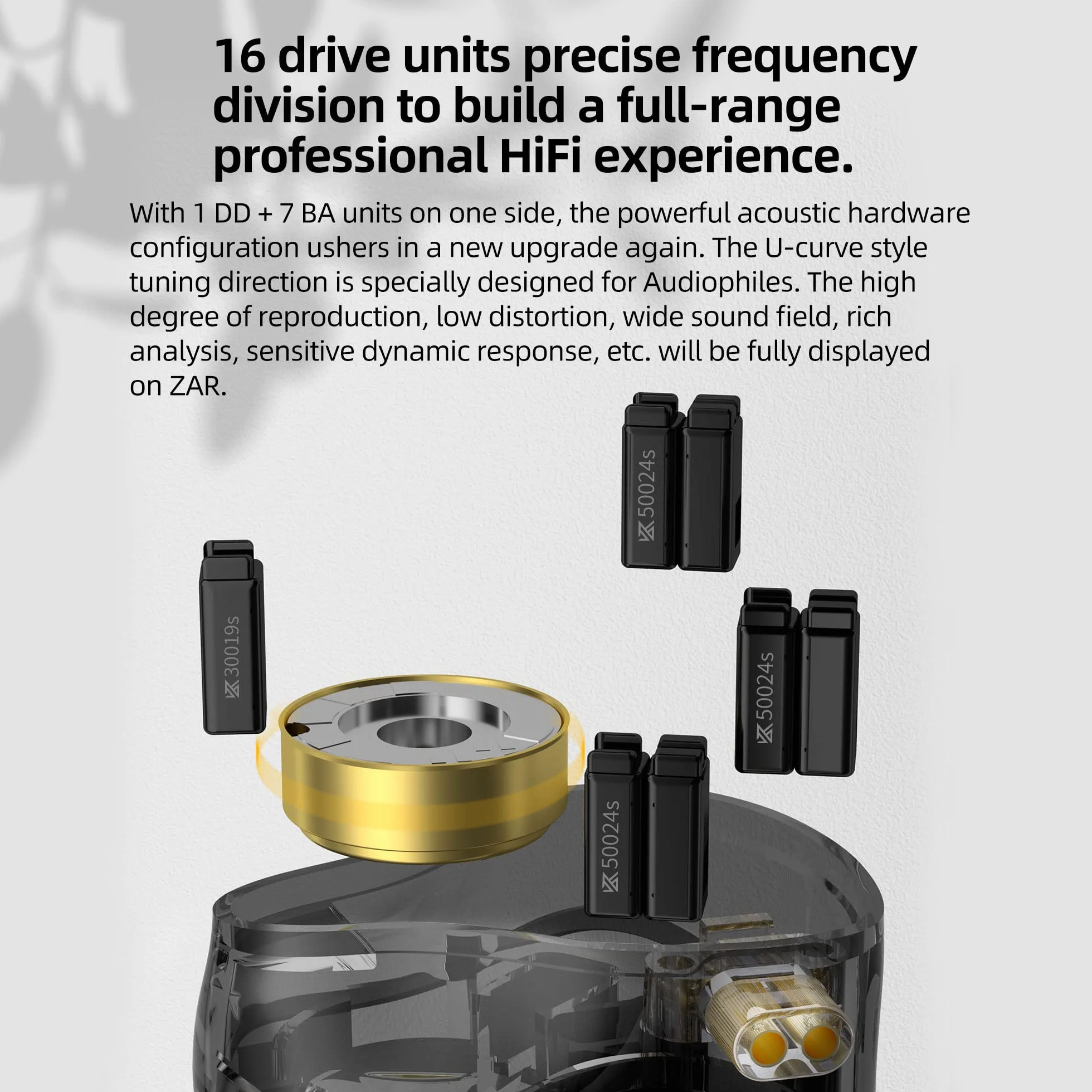 KZ-ZAR 1DD+7BA Słuchawki HiFi, przewodowe, 8-żyłowy srebrny przewód, wtyczka 2-pinowa konstrukcja, doświadcz pełnego zakresu dźwięku, niskie wibracje i wysoka jakość dźwięku, styl zaczepu na uszy