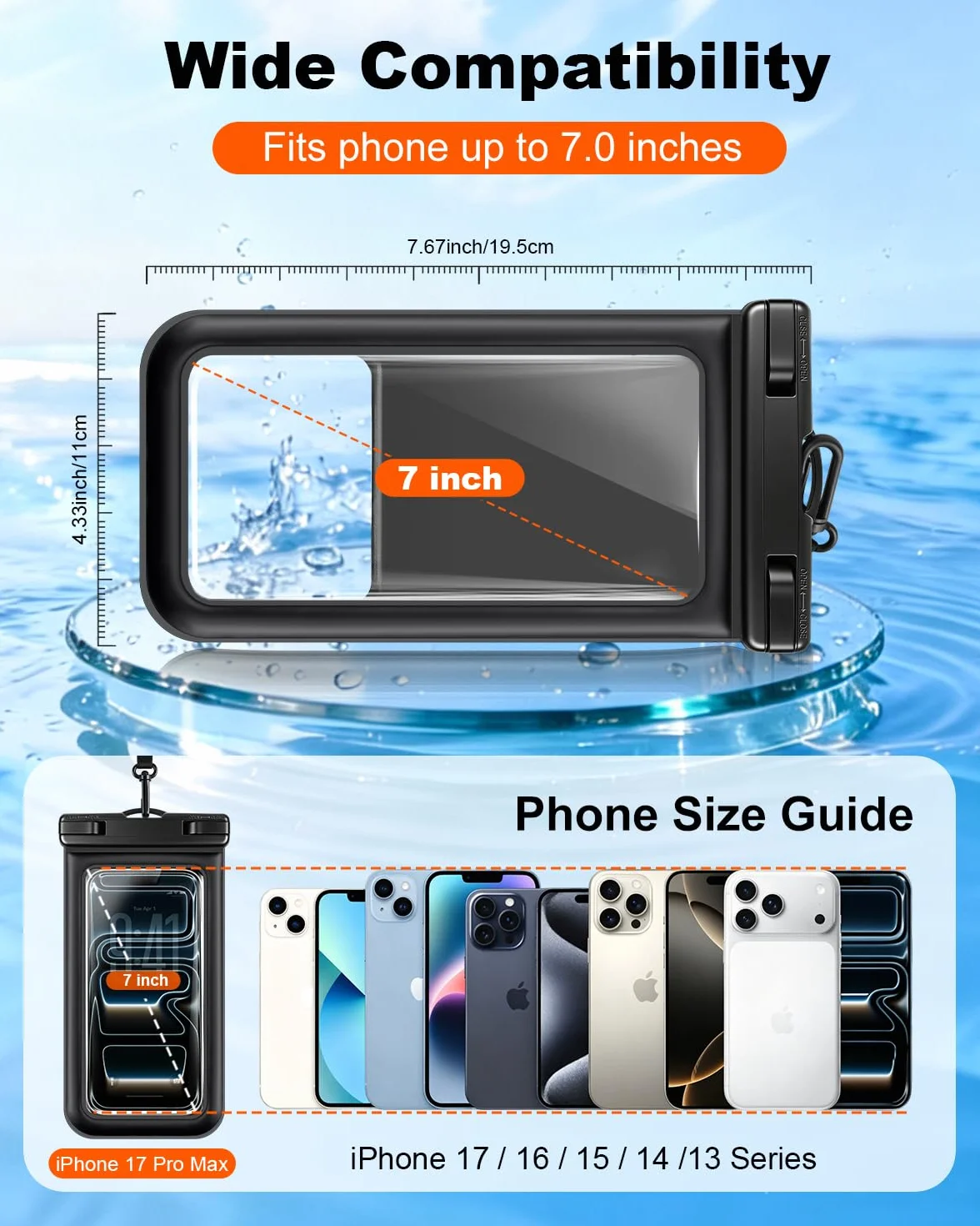 Pływające wodoodporne etui na telefon 2 sztuki, wodoodporne etui na telefon IP68 ze smyczą do telefonów do 17 cali, dla iPhone 17 16 Pro Max, torba na telefon komórkowy na plażę, basen, kajak, rejs