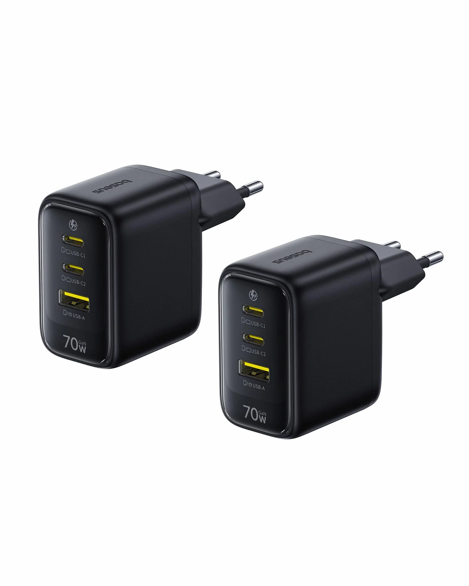 Baseus Enerfill ładowarka USB C 70 W, 2 sztuki, 3-portowa ładowarka GaN6, kompaktowy zasilacz sieciowy do MacBook Air, iPhone 17/16/15 Pro Max, iPad Pro, Galaxy S25/S24, Pixel, laptopa i wielu innych