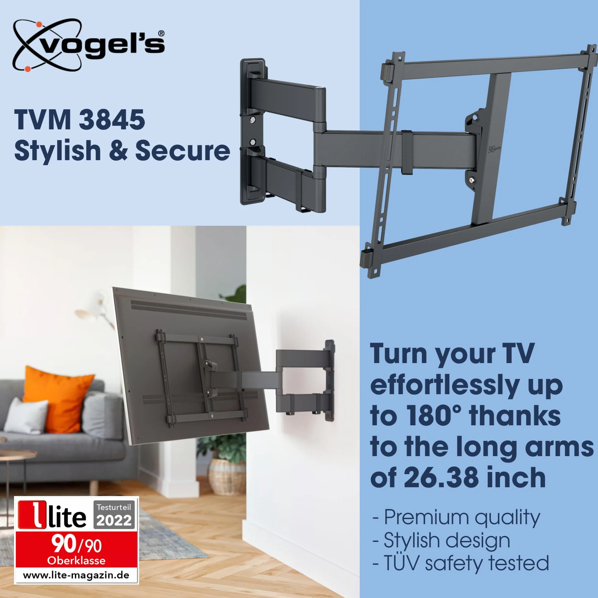 Vogel's Comfort TVM 3845 wysokiej jakości obrotowy uchwyt ścienny do telewizorów o przekątnej ekranu do 100 cali | do 55 kg | certyfikat TÜV | wychylny do 180° | Max VESA 600 x 400 | uniwersalna