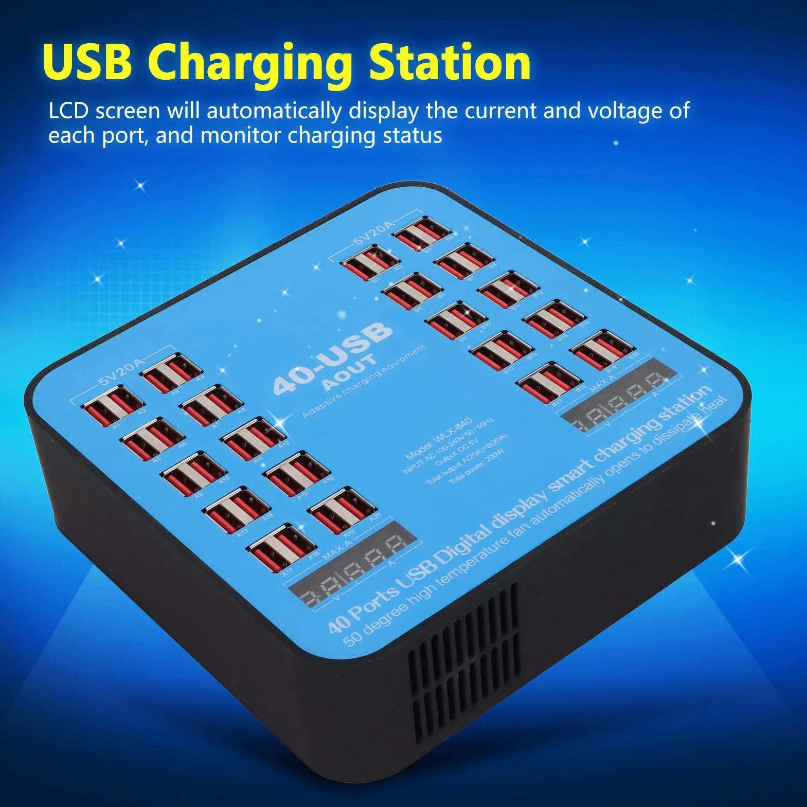 Wieloportowa Stacja ładująca USB, Koncentrator ładujący WLX‑840 z 40 Portami i Cyfrowym Wyświetlaczem LCD, Wieloportowa ładowarka 200 W do Tabletu z Telefonem Komórkowym(Wtyczka UE)