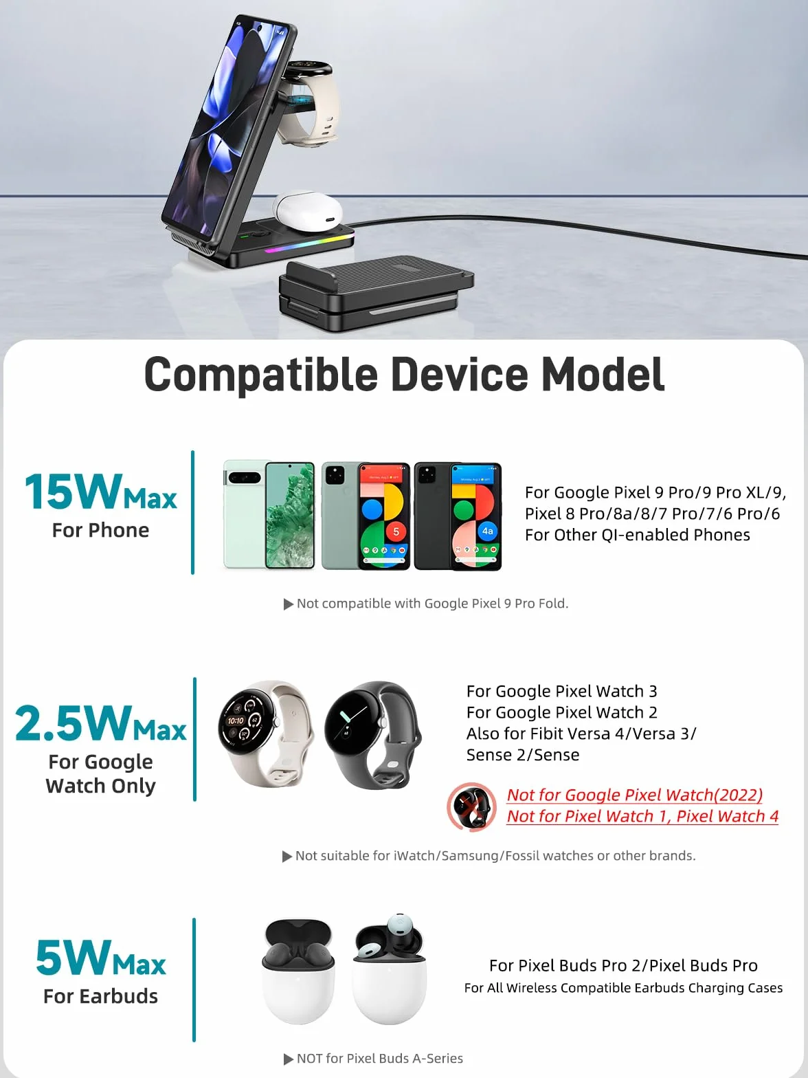 Bezprzewodowa ładowarka do Google Pixel Watch 3/2, ładowarka Google Pixel 3 w 1 do Pixel 9 Pro/Pro XL/9/8a/8/8 Pro/7, składana stacja ładująca do Pixel Buds Pro 2 (nie do Pixel Watch 1)