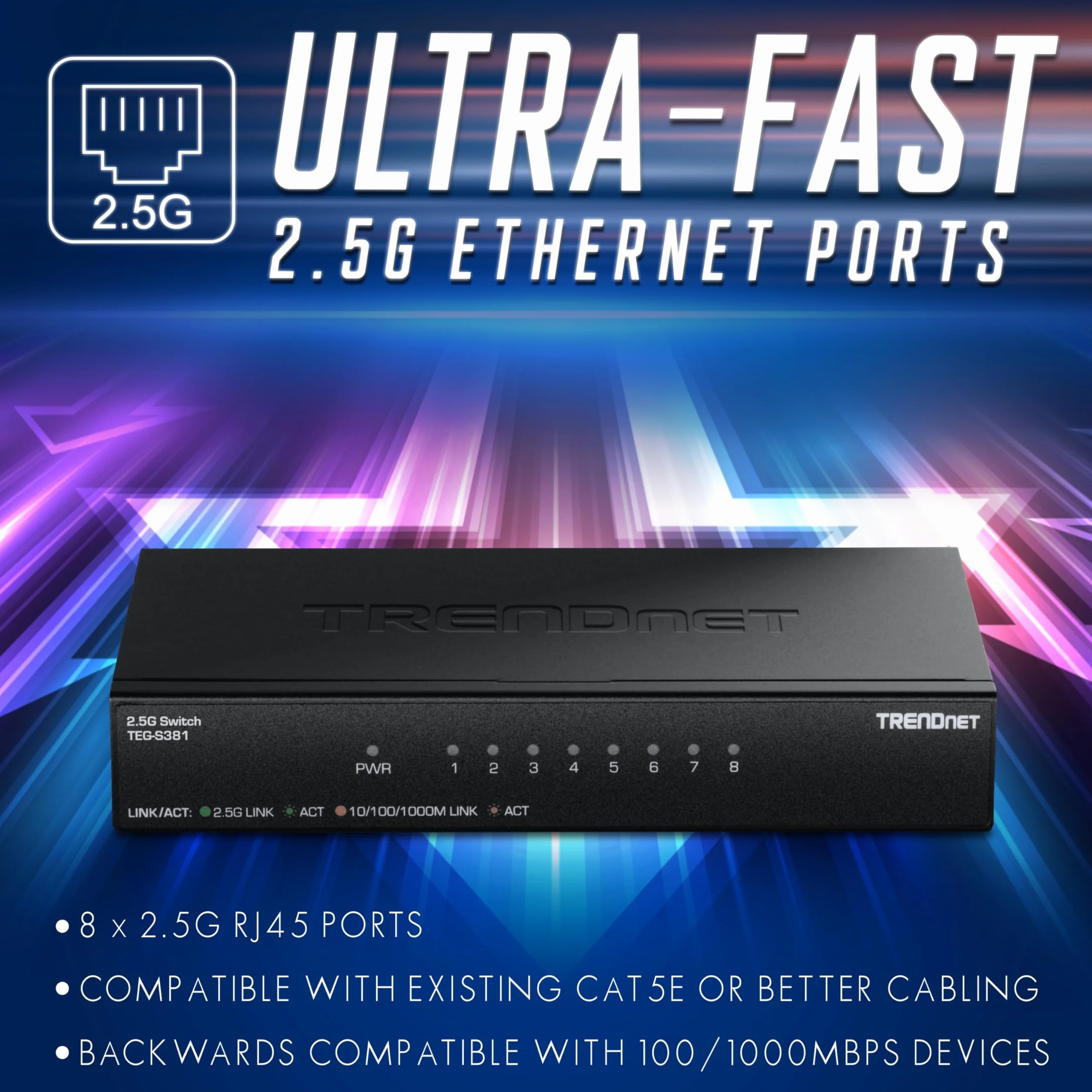 TRENDnet 8-portowy przełącznik 2,5 GB, TEG-S381, 8 portów RJ45 x 2,5 G, pojemność przełączania 40 Gb/s, zgodny z NDAA + TAA, rozdzielacz Ethernet, do konsoli do gier, NAS, PC, dożywotnia ochrona