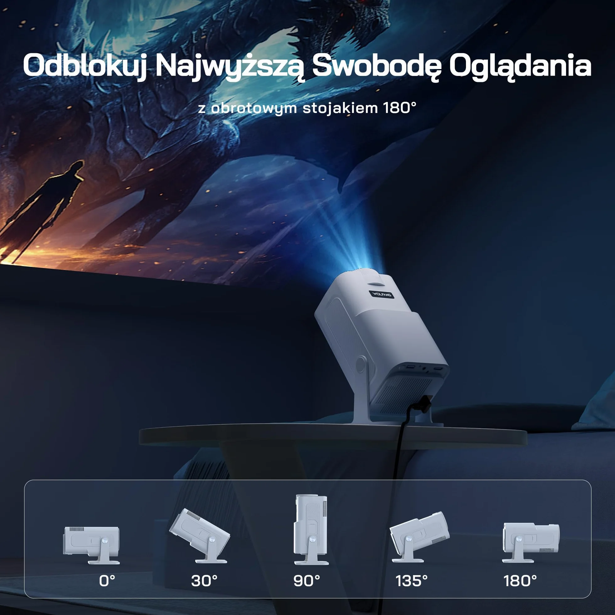 WOLFANG WP03 Mini Projektor 1080P z Aplikacją na Androida, Przenośny Projektor z WiFi i Bluetooth do Kina Domowego, Korekcja Trapezowa Czterech Narożników, Obrotowy o 180° Zewnętrzny Projektor Filmowy