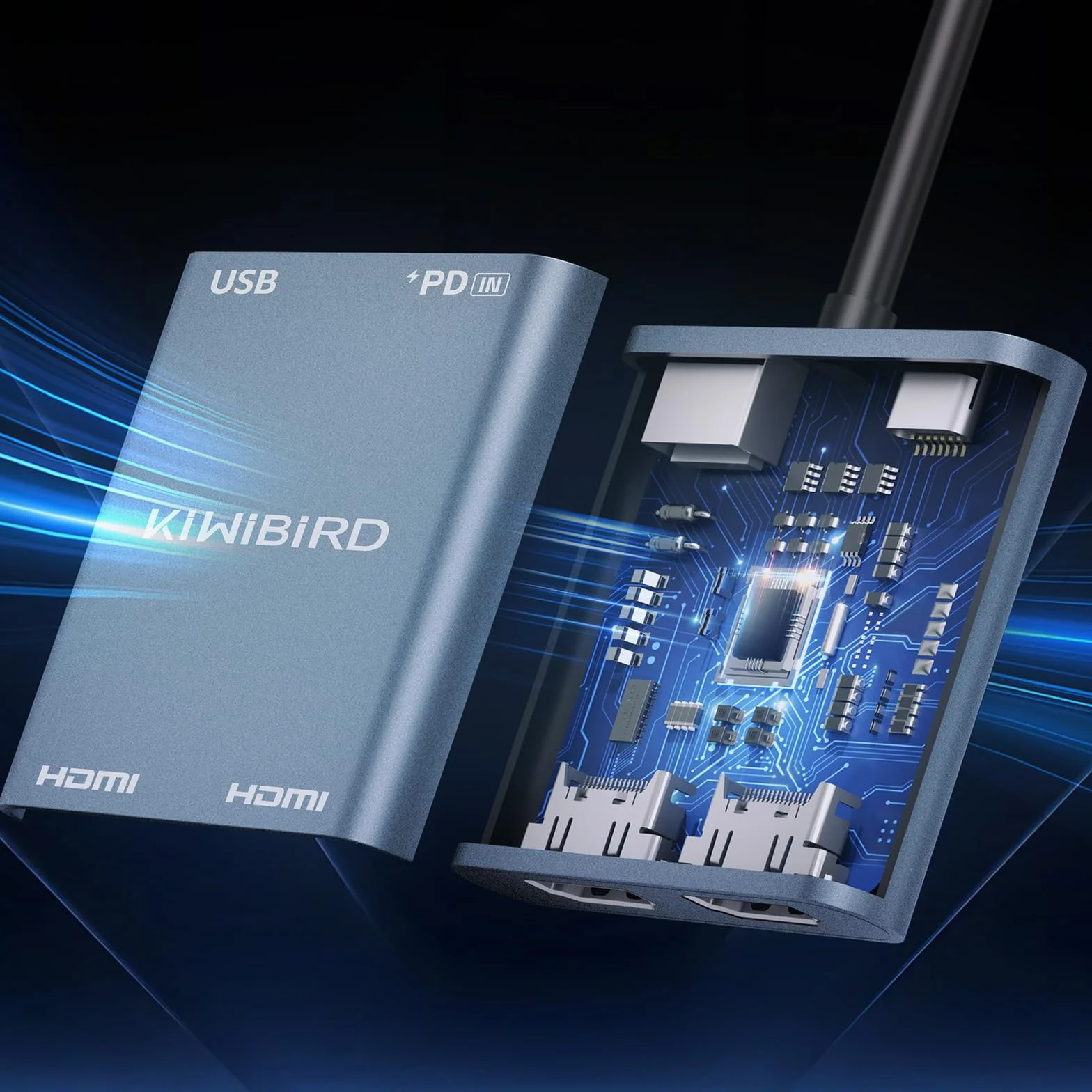 KiWiBiRD USB C na Dual HDMI Hub, Type C na HDMI Splitter do 2 monitorów rozszerzony wyświetlacz 4K PD 100W 2160p 1440p 1080p HDCP, kompatybilny z laptop PC TV projektor