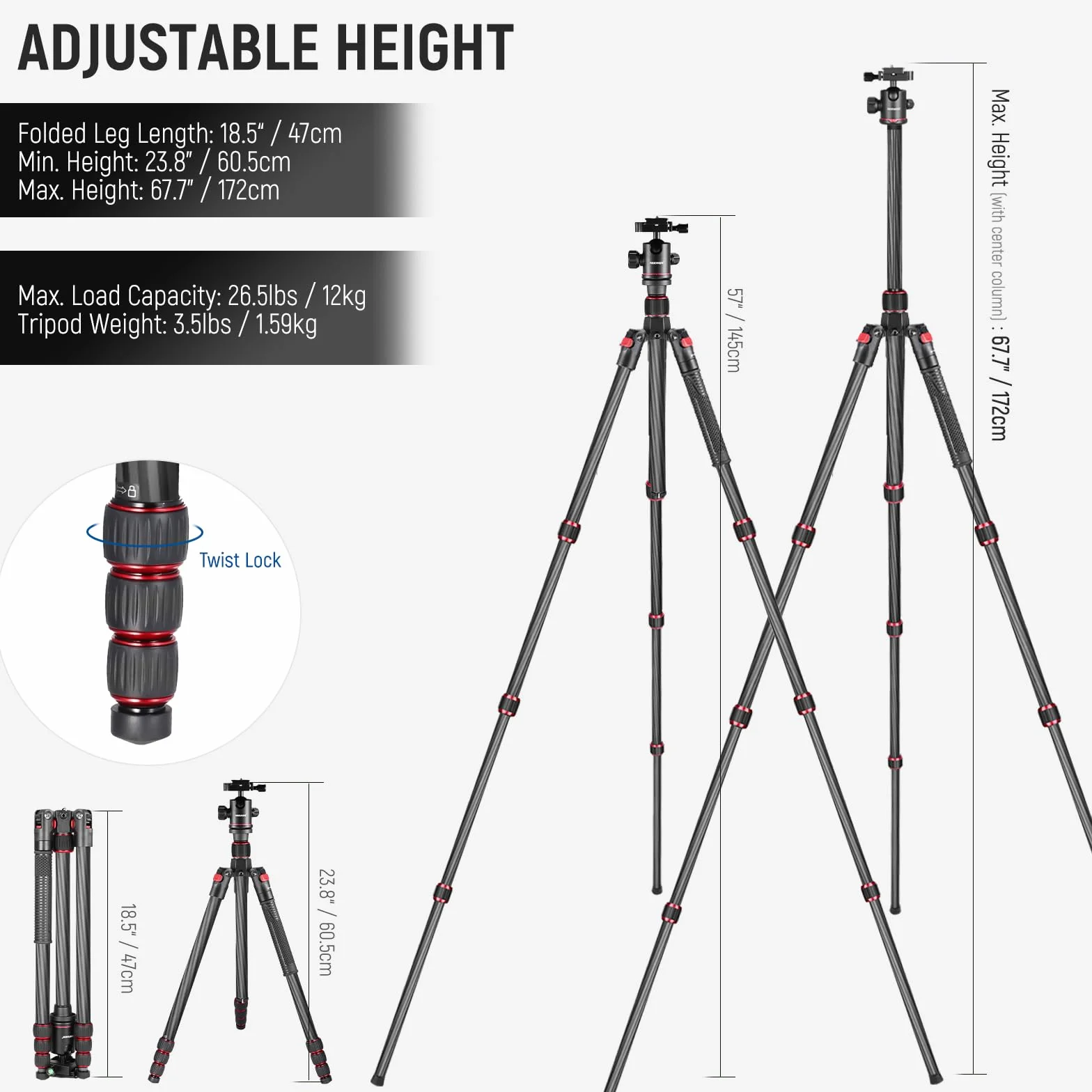Neewer Statyw jednonożny z włókna węglowego 168 cm z głowicą kulową 360 stopni, płytka do szybkich butów 1/4", torba do przenoszenia lustrzanek cyfrowych, kamery wideo, obciążenie do 12 kg