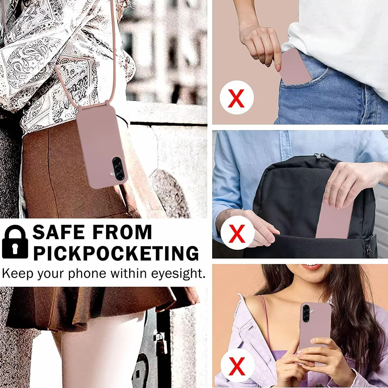 FERLAN Etui kompatybilne z Samsung Galaxy A57, etui na długim pasku, etui ochronne na telefon z płynnym silikonem, regulowany naszyjnik na szyję, miękkie etui, do Samsung Galaxy A57, głęboki róż