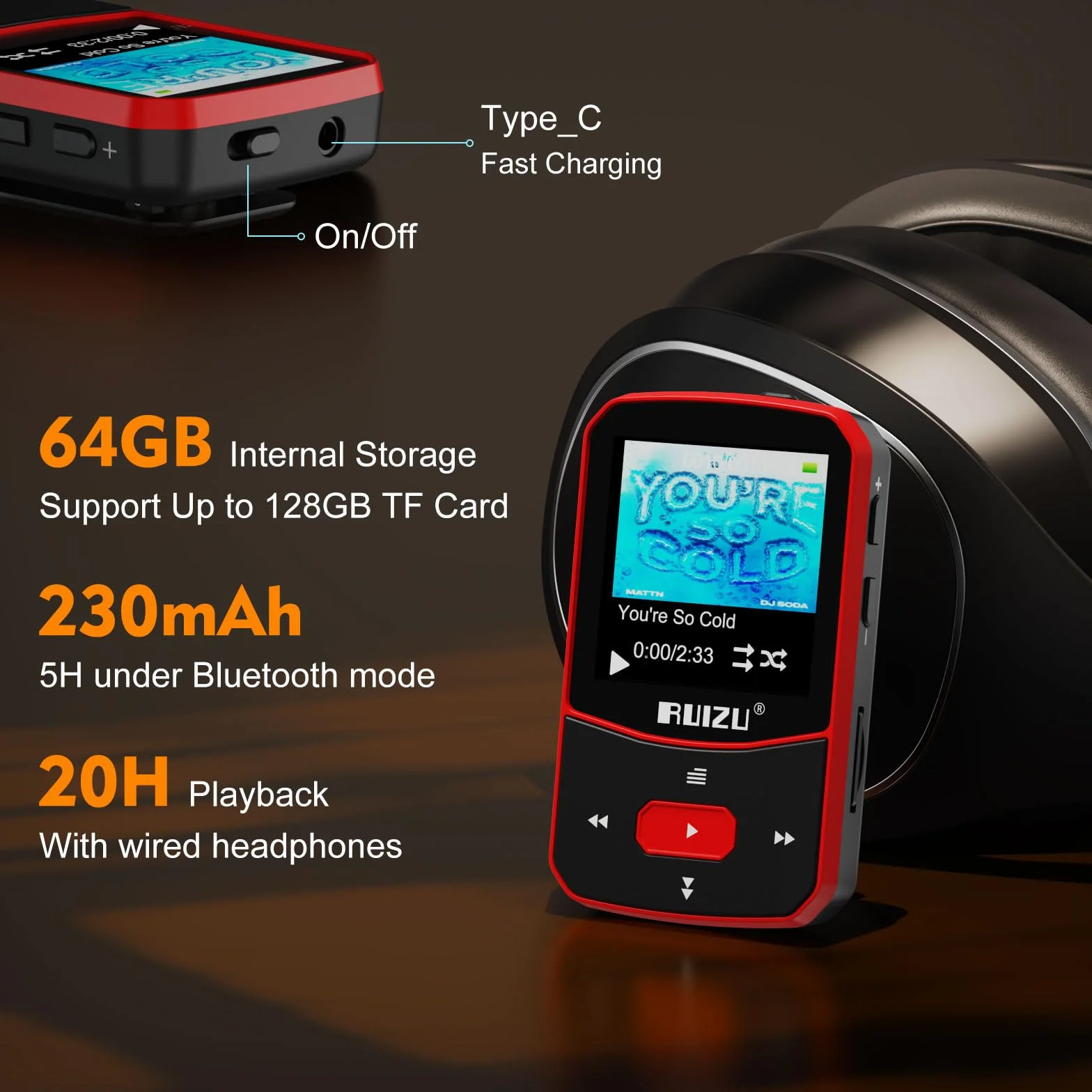 64GB odtwarzacz MP3 Bluetooth 5.3 Sport z 1.5-calowym TFT kolorowym ekranem, mini odtwarzacz muzyki z klipsem, do biegania, radio UKF, rejestrator, krokomierz, powtórzenie A-B, obsługuje kartę SD do