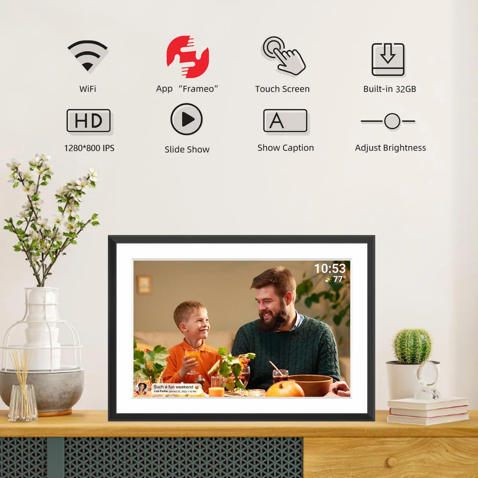 AKImart Cyfrowa ramka na zdjęcia 32 GB WLAN, ekran dotykowy IPS LCD 1280 x 800, wbudowana pamięć 32 GB, montaż na ścianie, udostępnianie chwil za pomocą aplikacji Frameo