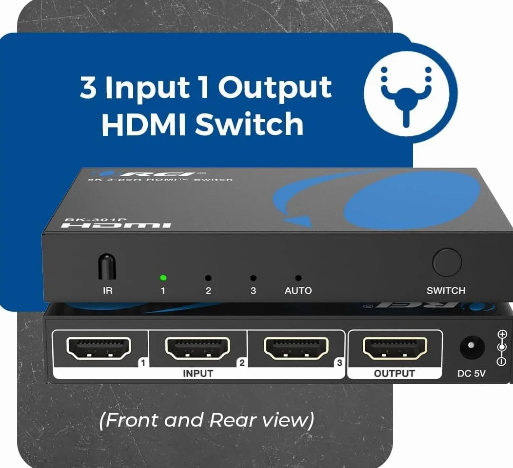 OREI 8K 3-Port HDMI 2.1 Switch, 3-In 1-Out, 8K@60Hz, Manual & Auto Switch | hdmi switch with remote, hdmi switch 4k 120hz, HDR10+, Dolby Vision, VRR, ALLM, CEC, PS5/Xbox compatible