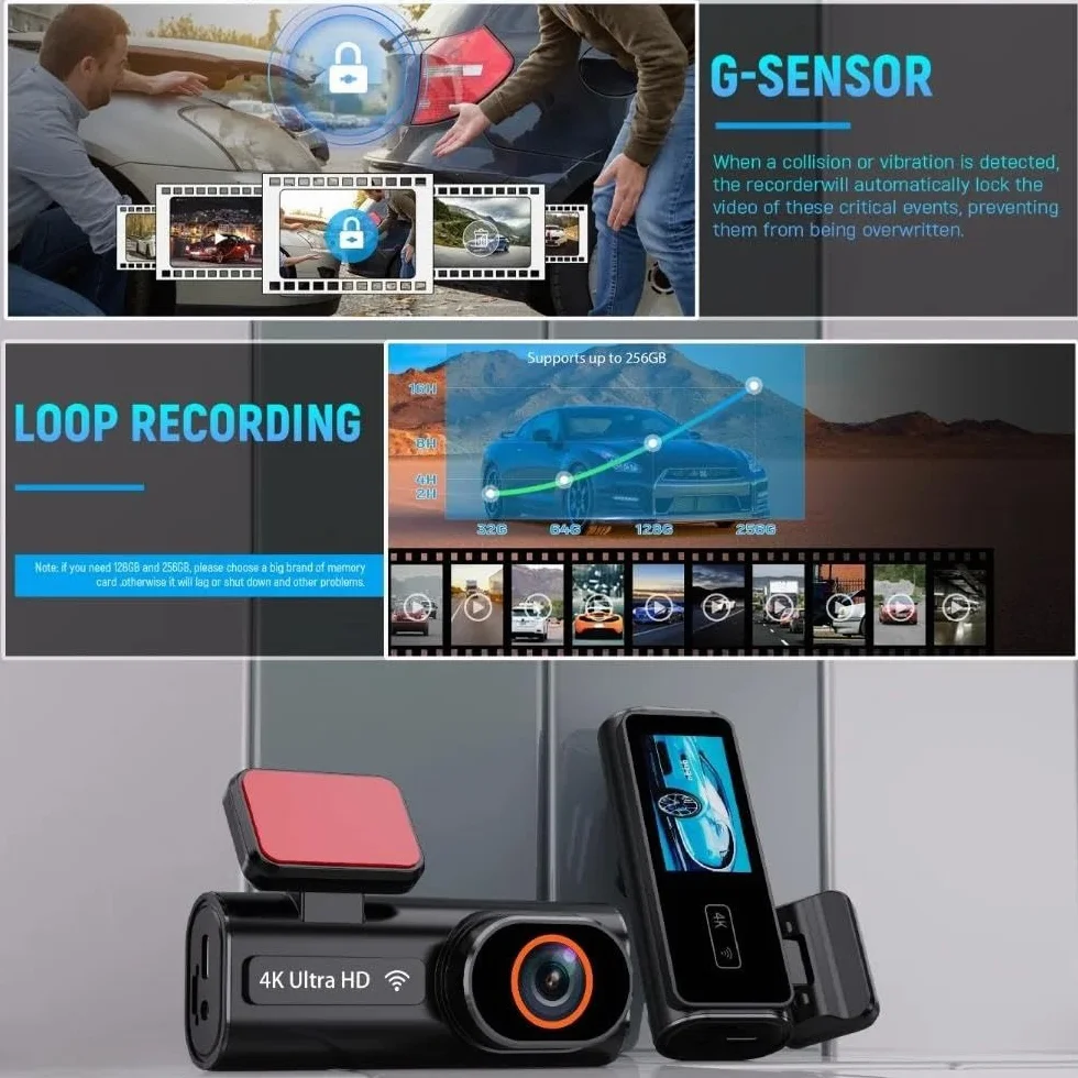 Kamera samochodowa 4K z nagrywaniem w pętli, 24-godzinnym monitorowaniem parkowania, nagrywarka 1080P z trybem nocnym, tylna kamera, obsługuje WiFi i GPS,None