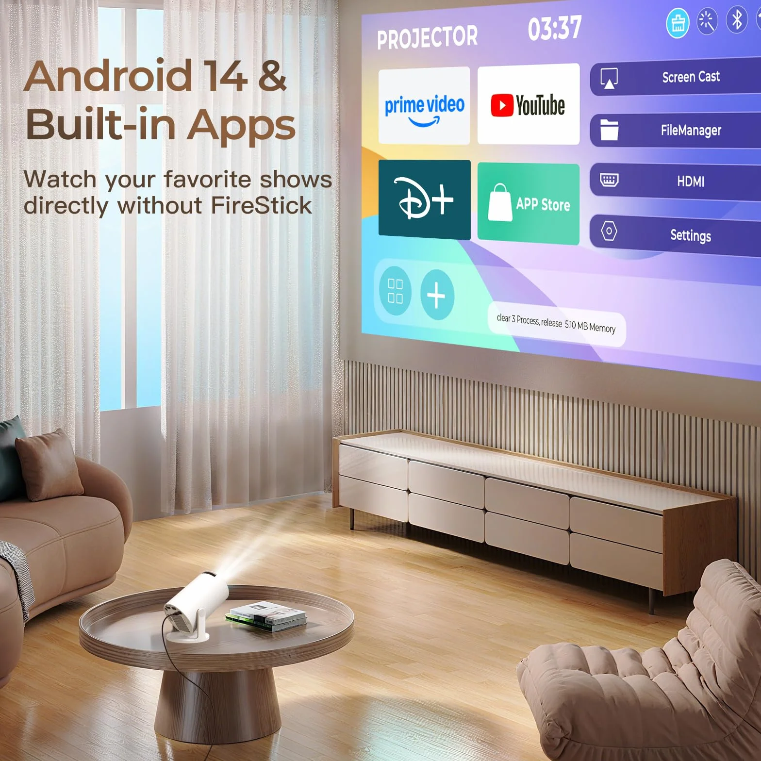 Mini projektor ze zintegrowanym WiFi i Bluetooth, Android 11, 1080P 4K, przenośny projektor z obrotem 180°, wersja HY300pro+ do użytku domowego i zewnętrznego LYNCAST OptiBarrel 500