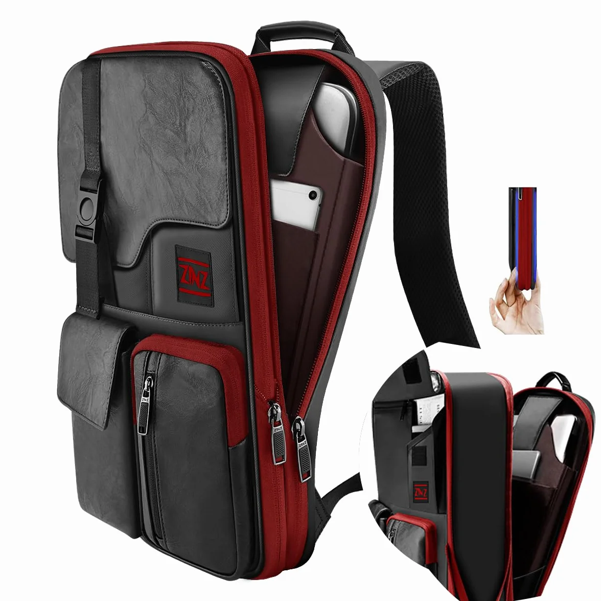 ZINZ Slim & Expandable 15 15.6 16 Inch Laptop Backpack for Business, Wodoodporny, antykradzieżowy plecak podróżny dla mężczyzn i kobiet,Czarny Czerwony