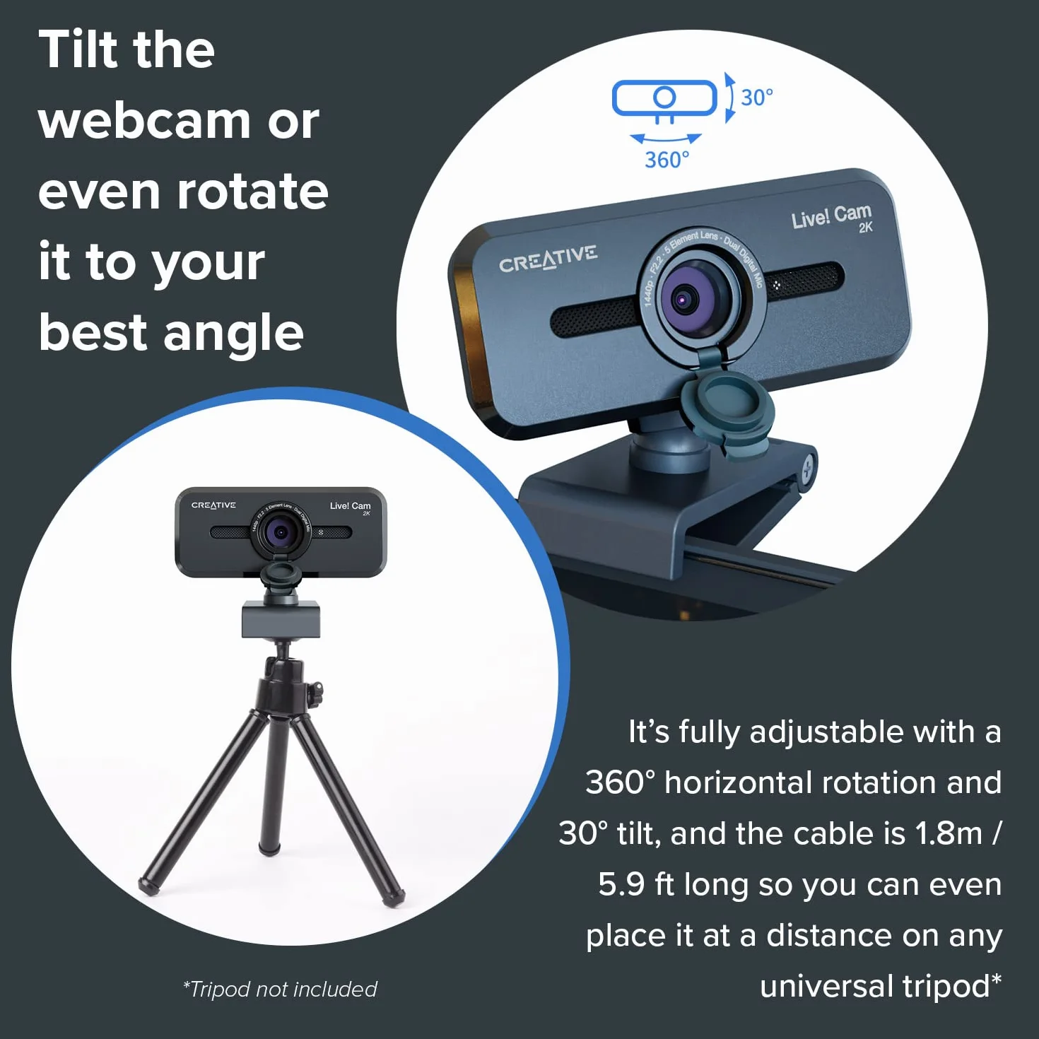 Creative Live! Cam Sync V3 2K QHD kamera internetowa USB z 4-krotnym zoomem cyfrowym (4 tryby zoomu od szerokiego kąta do wąskiego widoku portretowego), obiektyw prywatności, 2 mikrofony, do