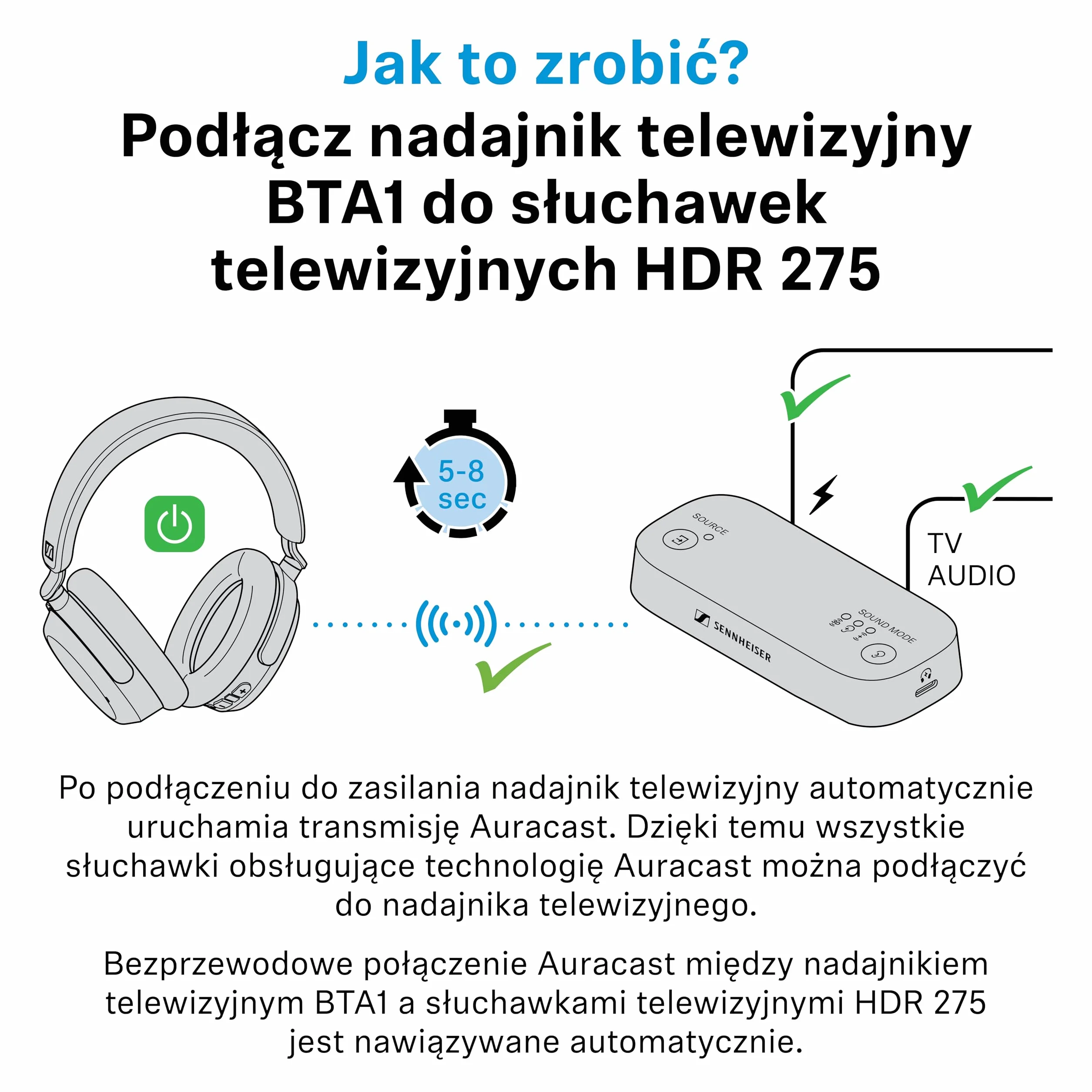 Sennheiser RS 255 Słuchawki Telewizyjne, Zestaw Słuchawek Bluetooth z Nadajnikiem, Bezprzewodowe o Niskich Opóźnieniach z Wirtualnym Dźwiękiem Przestrzennym, do 50 h Pracy na Baterii