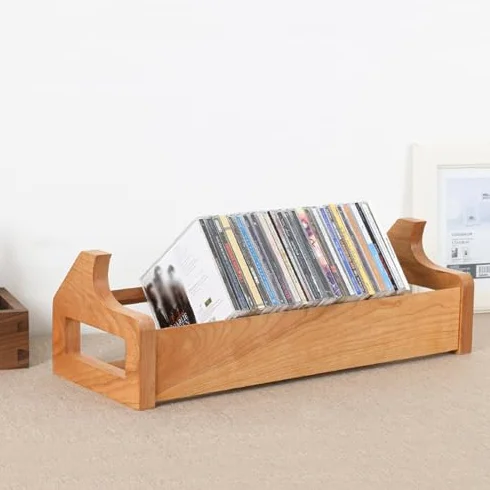 Kompaktowy stojak do przechowywania płyt CD z litego drewna, na płyty DVD, drewniane etui na klejnoty, stojak do gier wideo i płyt CD, 49 x 18,8 x 15,6 cm (wiśniowe wykończenie)